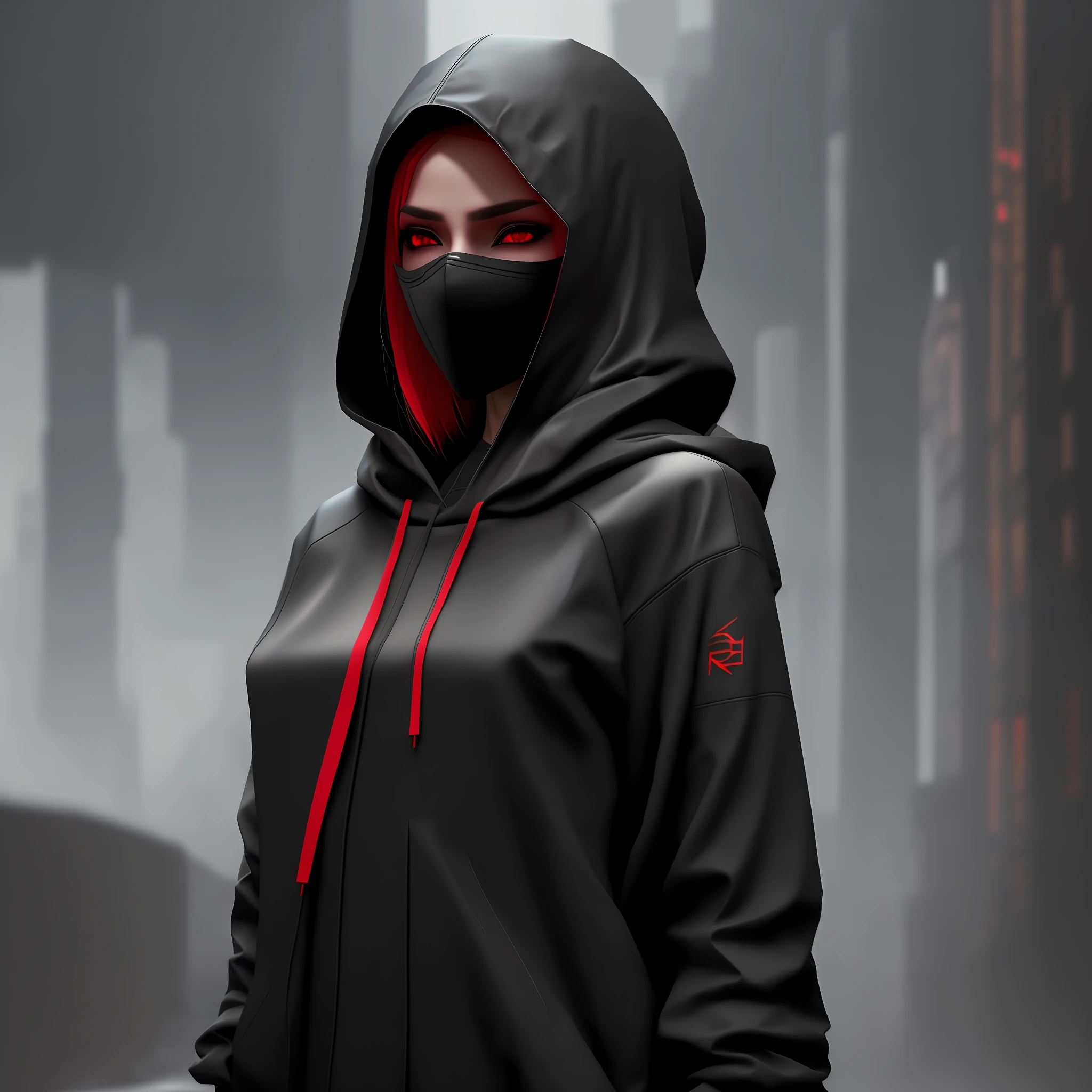 there is a woman in a black hoodie and a red hoodie, cyberpunk anime girl in hoodie, photograph of a techwear woman, the cyberpunk girl portrait, cyberpunk assassin, 3 d render character art 8 k, cyberpunk portrait, dark cyberpunk illustration, unreal 5. rpg portrait, techwear occultist, cyberpunk streetwear, darksynth character portrait, portrait of a cyberpunk cyborg