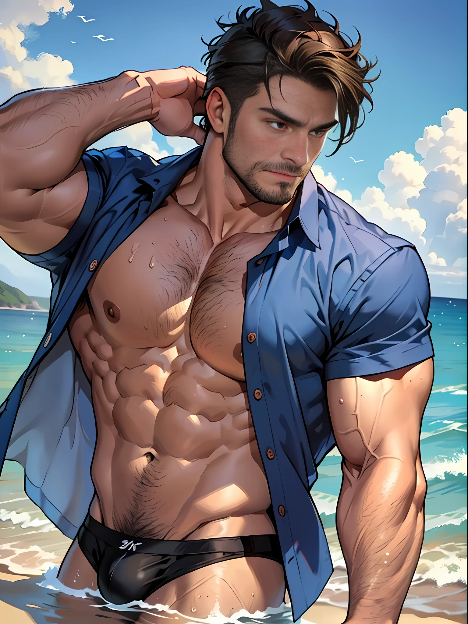 30 years old, male, white inch, stubble, huge muscles, mature man, muscle swelling, bodybuilding, pectoral muscles, abs, at the beach, wearing dark blue shirt, open shirt, swimming briefs, natural light, wheat-colored skin, wet, a man