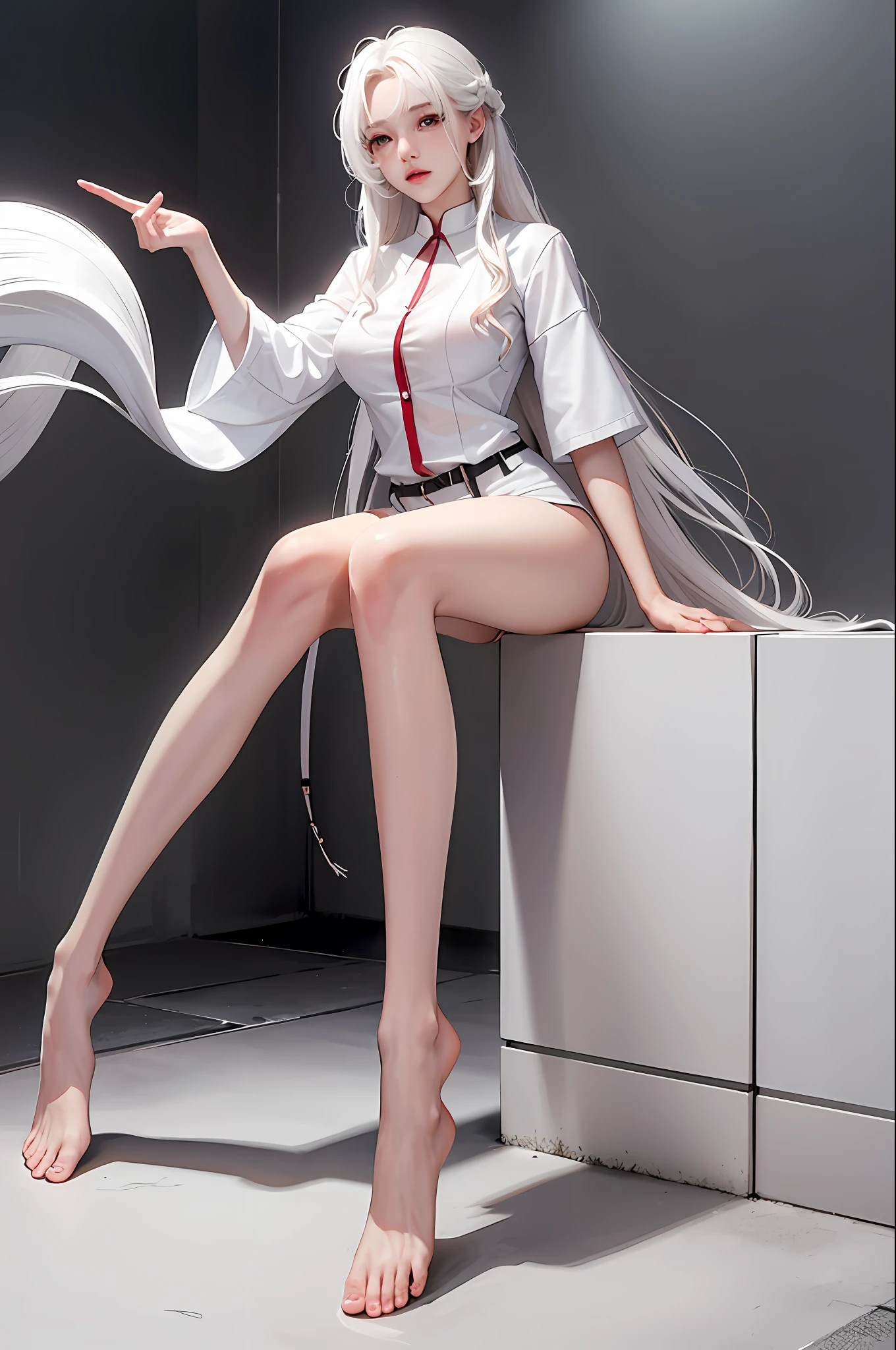 realistic, high resolution, 1 girl, white wavy hair, korean, heterochromic eyes, small moles under the eyes, loose white shirt, miniskirt, big breasts, long legs, tight abs, legs apart, sitting position, shoot from bottom to top,