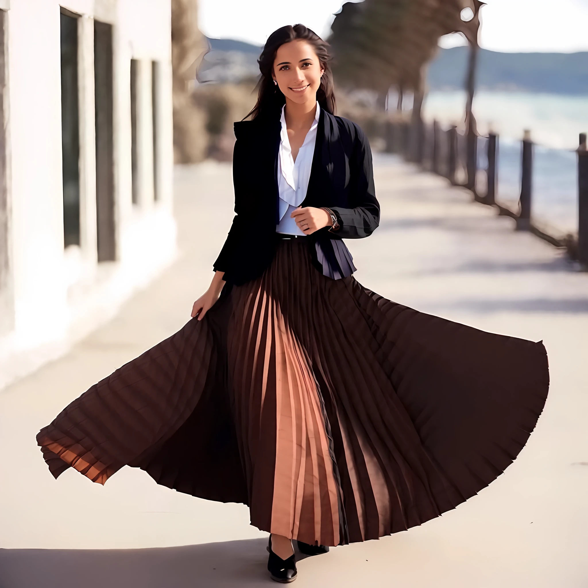 (sad eyed:1:1) (flirty smiling:1.4) (shy:1.5) woman wearing (long pleated:2) skirt standing outside and playing with her skirt, dressed in long fluent skirt, with a long pleated skirt, wearing just skirt and shoes, pleated skirt, wearing pleated skirt, wearing long skirt, pleated skirt, suit, (large breasts, big boobs, hard,8), (no shirt, no bra, bare chest:1,9), flirting, ((lots of wind, wind blowing, windy conditions:1.3)), epic composition, highly detailed attributes, highly detailed atmosphere, (35mm f1.4 Kodak portra 400 photograph), extremely high quality RAW photograph, detailed background, intricate, Exquisite details and textures, highly detailed