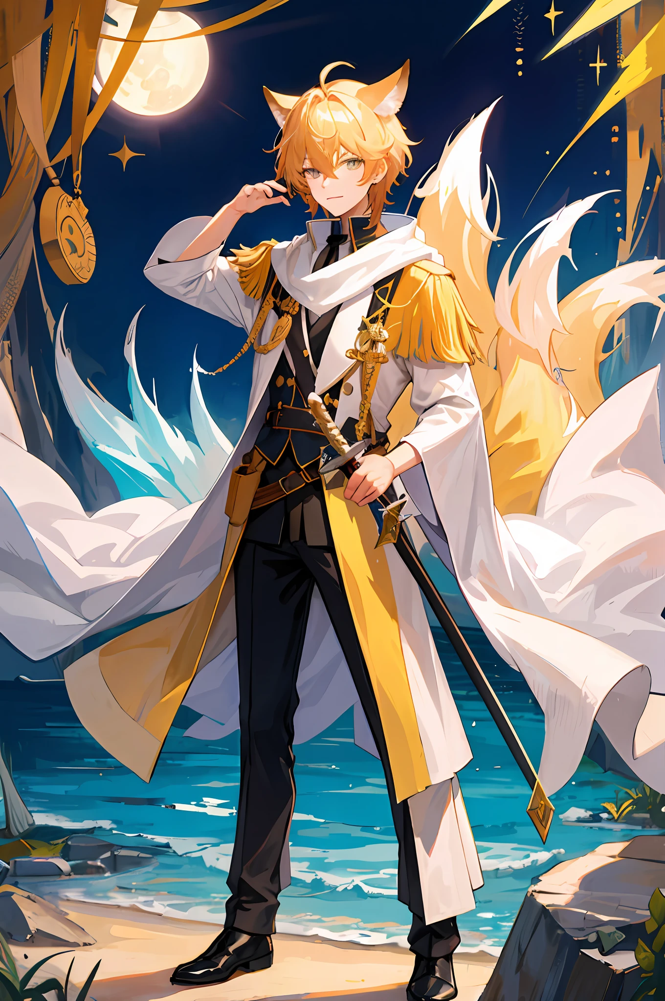 A handsome boy, close-up of a man holding a sword and a sword, blonde hair, a yellow triangle scarf around his neck, a black military uniform, shaggy fox ears (especially large), inspired by Yang Jin, moon-themed costume, astral witch costume, blue-gold pupils, thin man fantasy alchemist, full body adoptable