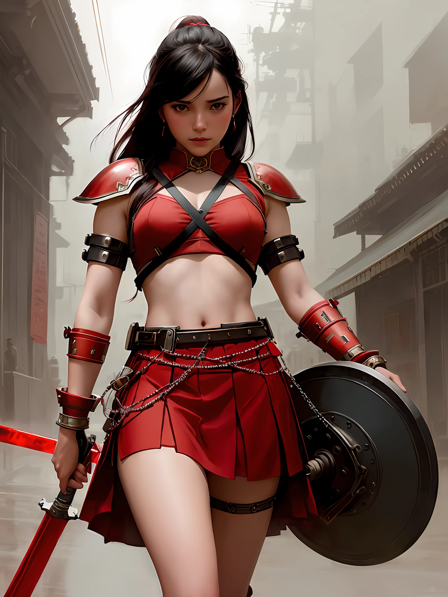 stunningly beautiful photo realistic cute warrior in skirt , using red chains, with red arms, Atey Ghailan, by Jeremy Mann, Greg Manchess, Antonio Moro, trending on ArtStation, trending on CGSociety, Intricate, High Detail, Sharp focus, dramatic, photorealistic painting art by midjourney and greg rutkowski