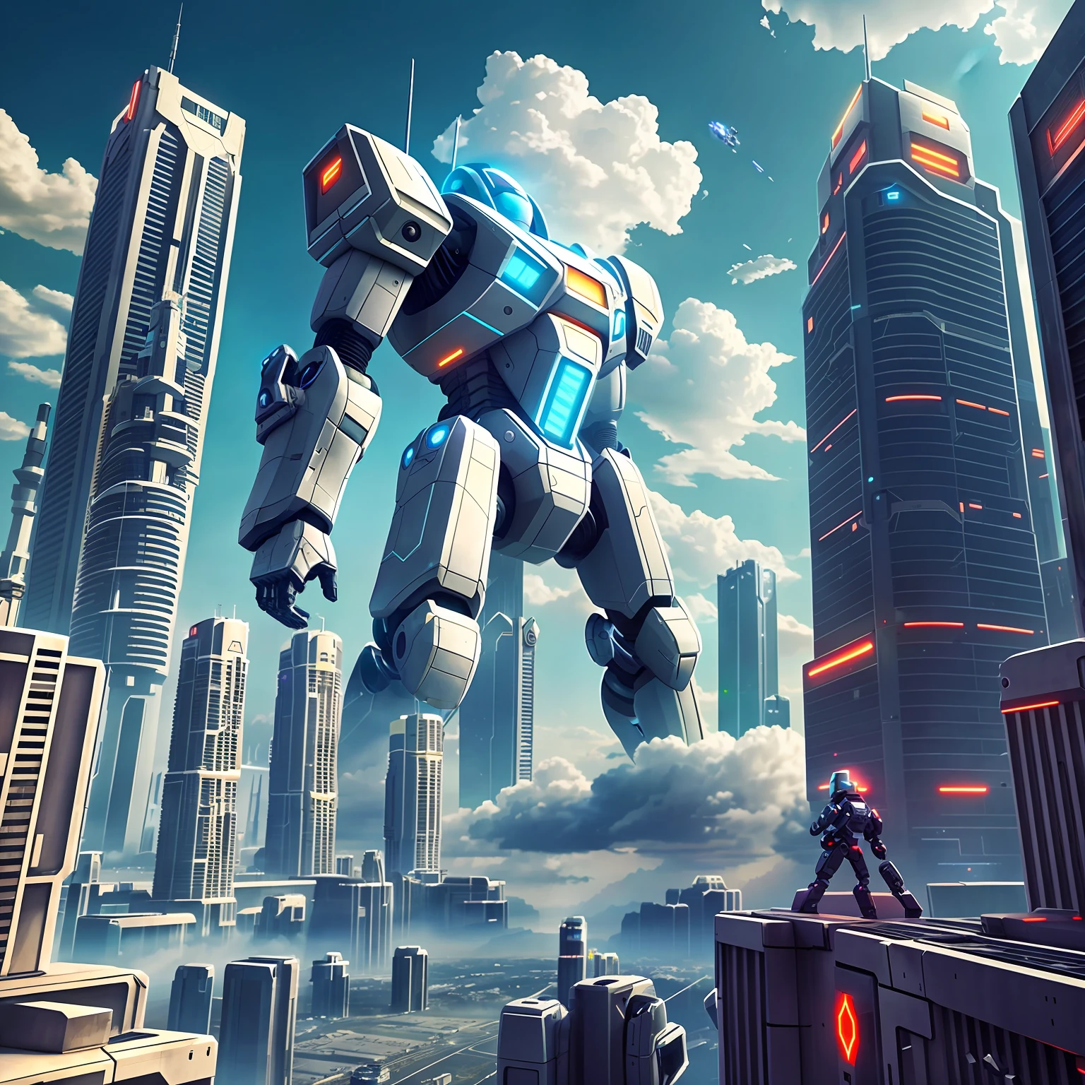 Sky, Clouds, holding_weapon, no_humans, Glow, Robots, Architecture, Science Fiction, Cities, Reality --v6