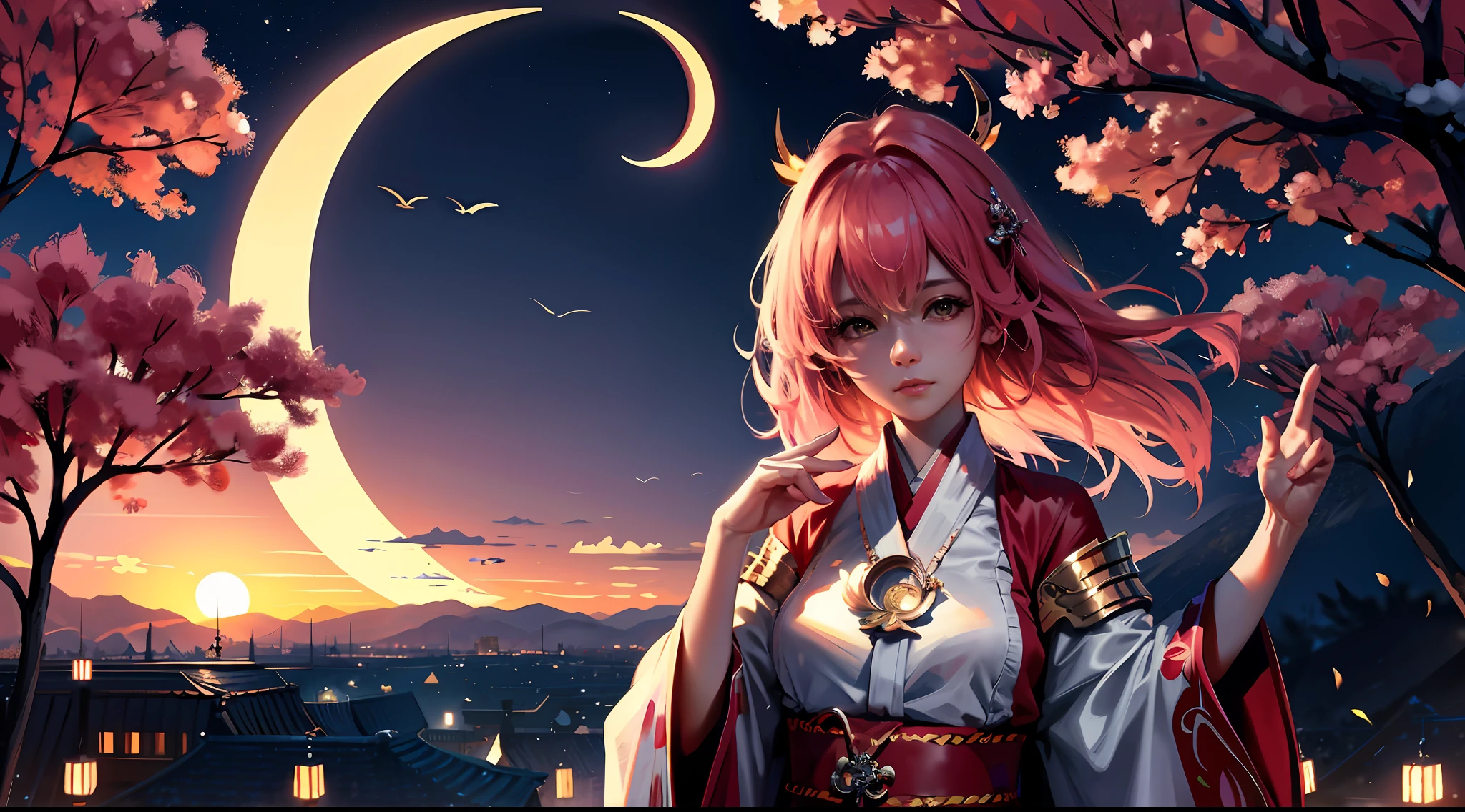 (masterpiece), (best quality), (high quality), (8k), (highres), 1 girl, wlop yaemiko, evening, crescent Moon, sky, trees
