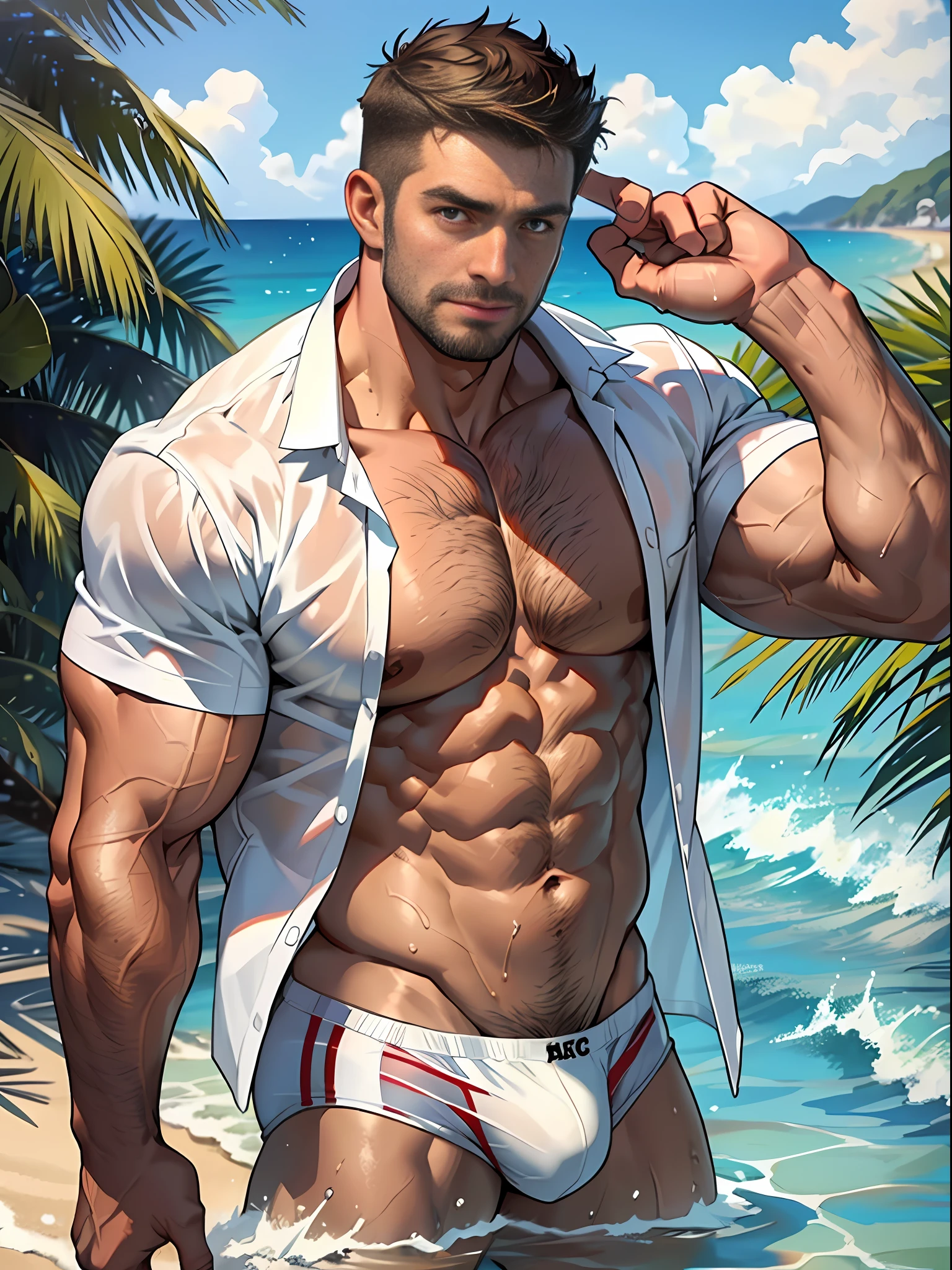30 years old, male, white inch, stubble, huge muscles, mature man, muscle swelling, bodybuilding, chest muscles, abs, at the beach, wearing white shirt, open shirt, white red striped swimming briefs, natural light, wheat-colored skin, wet, a man