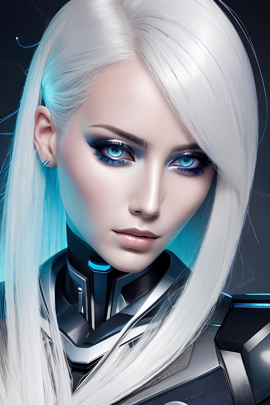 Close-up of woman with white hair, robot, android, metal skin, cyborg, beautiful digital illustration, science fiction, digital illustration style