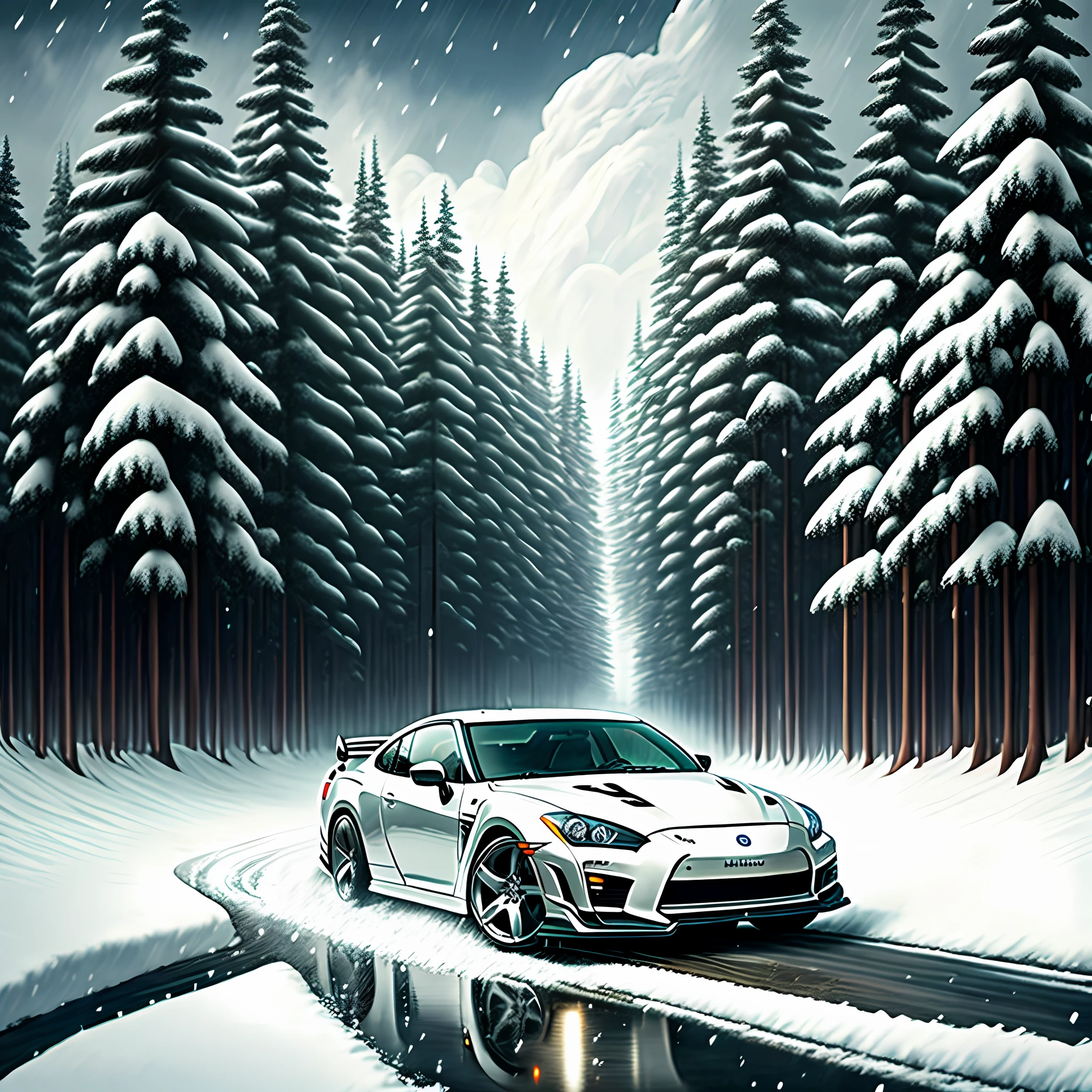 masterpiece, best quality, official art, extremely detailed CG unit 8k wallpaper, illustration, light, official art, extremely detailed CG unit 8k wallpaper, illustration, day, in winter, snow, beautiful detailed sky, light, forest, highway, outdoor, 1car, (car: 1), land vehicle, sports car, nissan, GTR, skylineR34, silver wheels, vehicle focus, need for speed,  moving, wet,