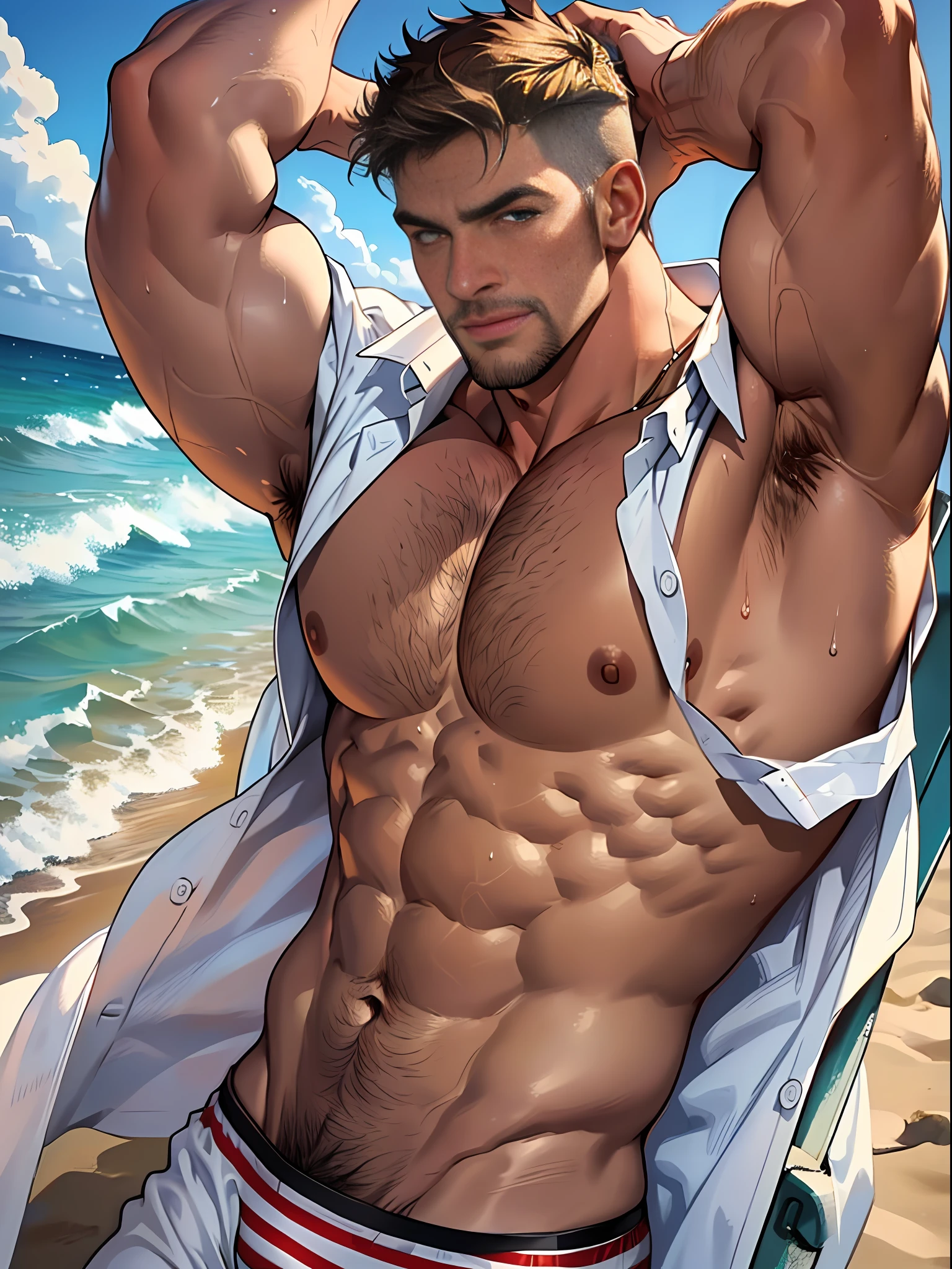 30 years old, male, white inch, stubble, huge muscles, mature man, muscle swelling, bodybuilding, chest muscles, abs, at the beach, wearing white shirt, open shirt, white red striped swimming briefs, natural light, wheat-colored skin, wet, a man