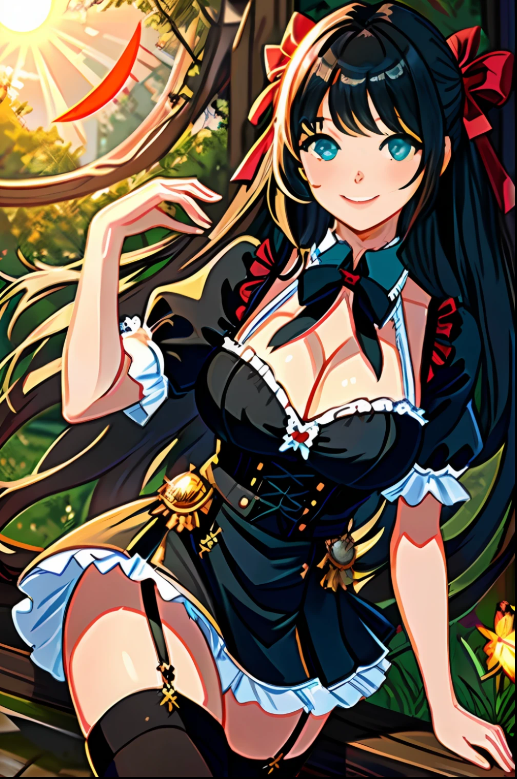 {{{masterpiece,best quality,official art,extremely detailed CG unity 8k wallpaper}}}, day, huge_filesize, hair over shoulder, black hair, crossed bangs, bangs, hair bow, hair ornament, light smile, cute face, aqua eyes, sparkling eyes, eyeshadow, large , cleavag thighhighs, black garter straps, uwabaki, fingersmile, sun,{{{girl}}},