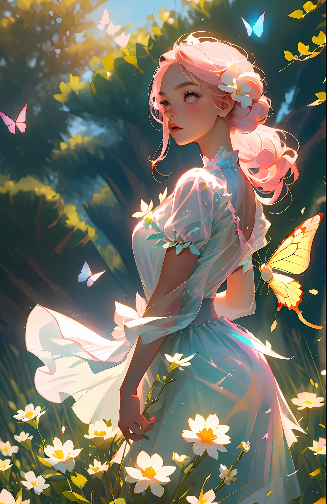 (Best Quality, Masterpiece), 1girl, Pose, Particle, Wind, Flower, Half, Pink and White Color Scheme, Simple Background, Looking at the Audience, Flower Fairy, Forest, Butterfly, Delicate Facial Features, 4K, Leica, Extreme Detailing,
