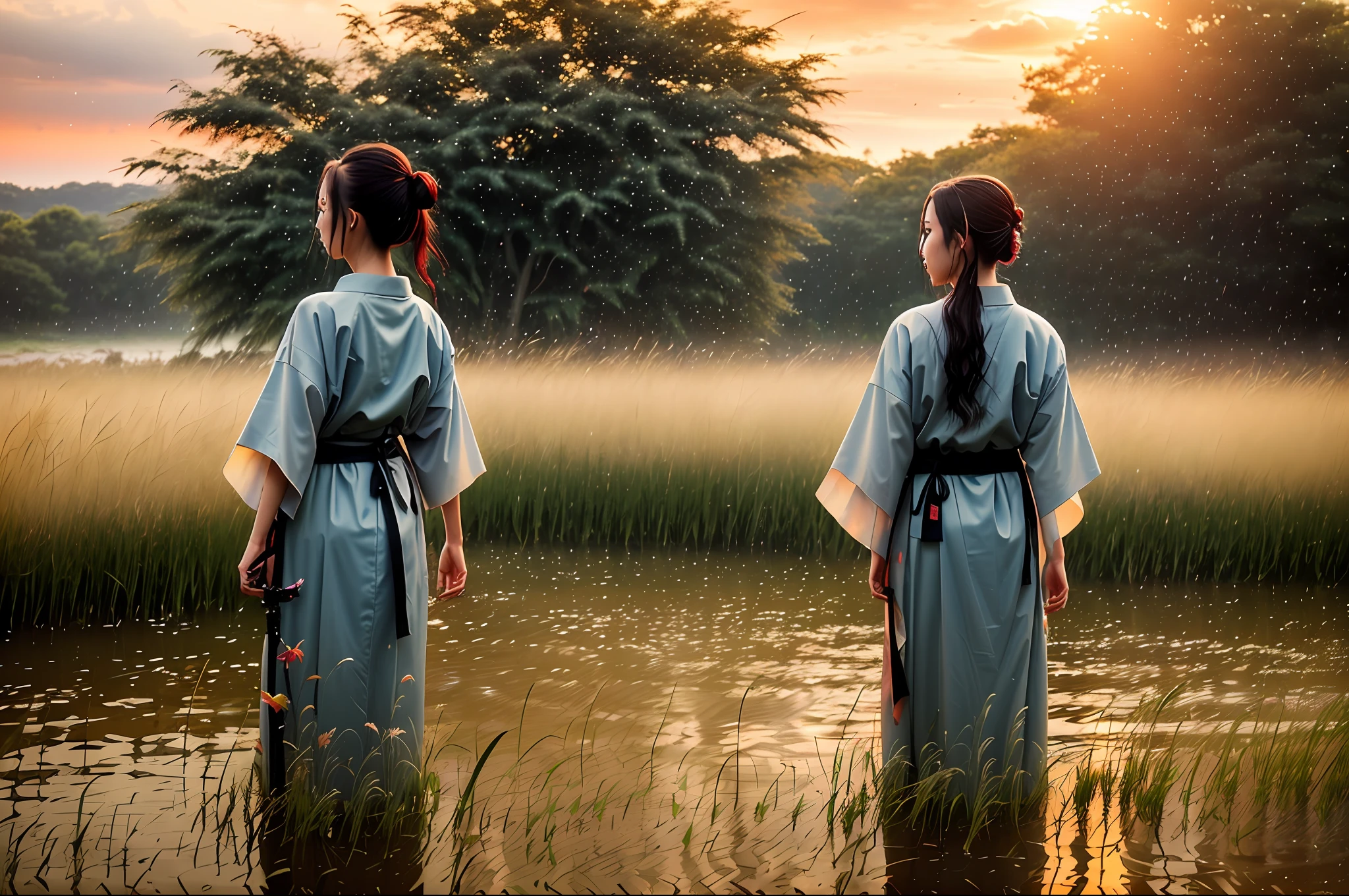 a lone female ronin in bloody yukata dancing in the rain, bare feet, wet, from behind, (long sword), wavy (tall grass:1.2), sunset, [messy hair], full body, dramatic, backlit, volumetric lighting, (detailed face), (highly detailed:1.2), painting, bloom