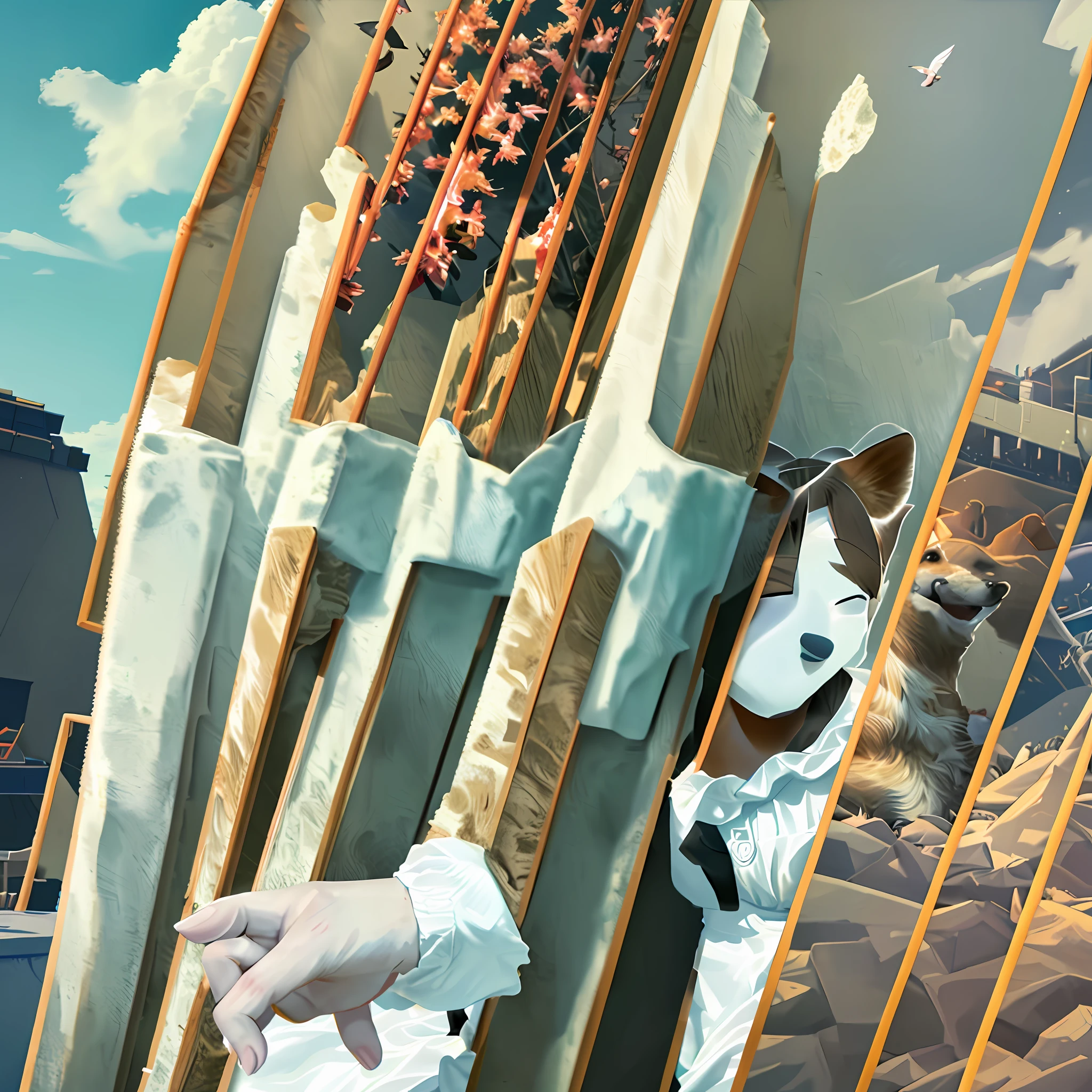 1 person and one dog, (a cute girl) and (a corgi), girl reaches out to touch corgi's head, warm interactive atmosphere, outdoors, clear sky, park lawn, 3D, Unreal Engine, detailed face, soft sunlight, glare, birds, flowers