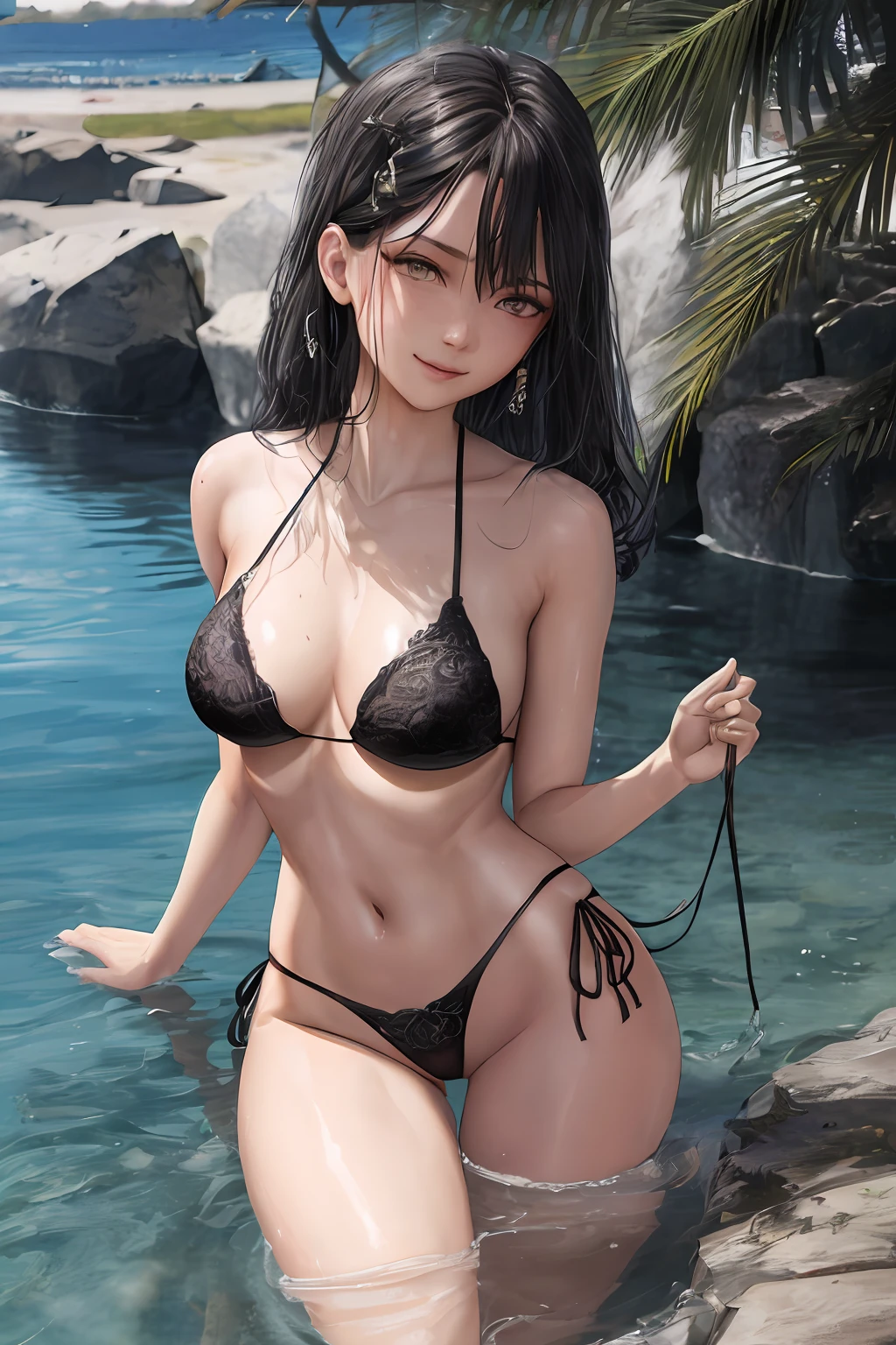 slingshot swimsuit, water in background,full body photo, attractive stunning 24-years-old girl, detailed blemishes, veins, pores, skin imperfections, beautiful face, smile, (lace lingerie:1.1), highly detailed glossy eyes, (looking at the camera), spectacular lighting, dslr, ultra quality, sharp focus, tack sharp, dof, film grain, centered, Fujifilm XT3, crystal clear, symmetrical composition