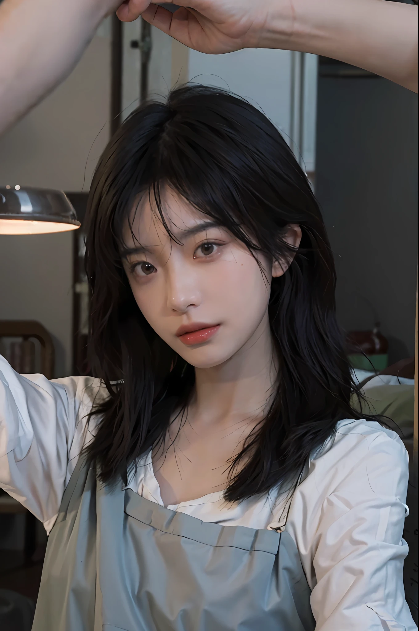 8K, Best Quality, Masterpiece, Ultra High Resolution, (Realism: 1.4), Original Photo, (Realistic Skin Texture: 1.3), (Film Grain: 1.3), (Selfie Angle), 1 Girl, Beautiful Eyes and Face Details, Masterpiece, Best Quality, Close-up, Upper Body, Looking at the Viewer