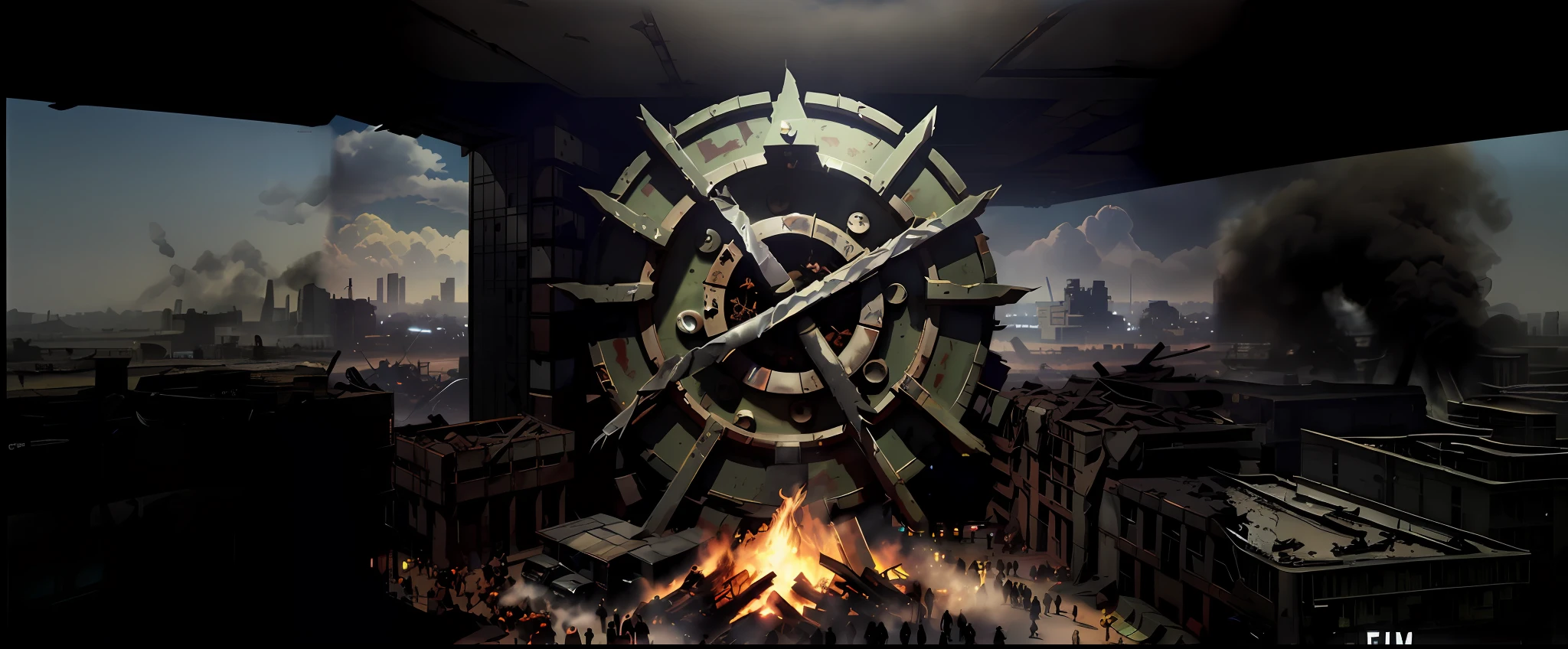 ((Maximum detail)),(photo realism)), Apocalyptic City, (((view of a fantastic wasteland in the distance))), smoke, toxic volumetric smoke, ((destroyed buildings)),people small on rooftops, ultra-photorealistic, super detail,((everywhere textures of rust and old metal)), ((view from above)))) , (buildings in the post-apocalyptic world)))) , ( successful composition))), ( cinematic composition))) , (((successful color correction of the entire frame)) )) , ((successful color correction of the entire frame))