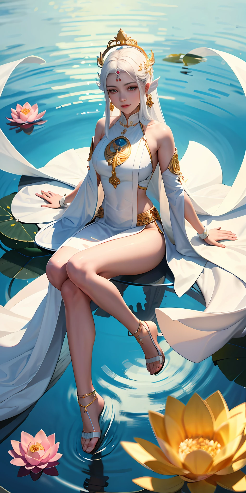 "Independent beauty, beautiful woman in white, gentle gaze, upper body, delicate and flawless, the picture is spotless". Avalokiteshvara, Avalokiteshvara sitting on a lotus platform, hands sealed, sexy, big breasted, low cut, holy, holy light shining, Buddha light shining, round light, halo, squinting, 8k, highest quality, super clear