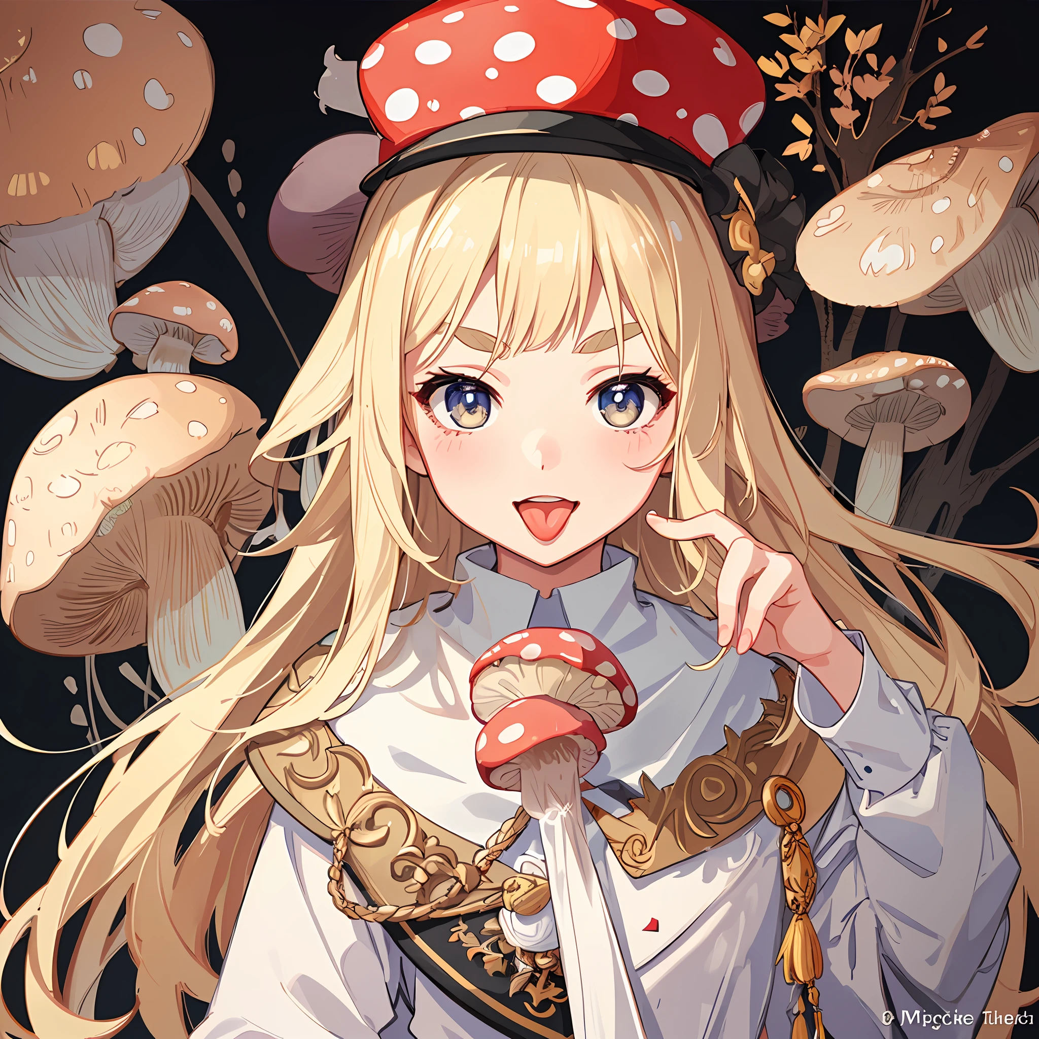 Face focus, tongue, mouth wide open, mouth focused, thick eyebrows, beautiful eyes, mushrooms growing from the head, having mushrooms on the head, mushroom hat, evil smile, beautiful blonde, ((masterpiece)), ((highest quality)), (super detailed), cute girl, one girl, solo, ((beautiful eyes)), anime girl, happy and cute face, beautiful detailed eyes clean and detailed face, five fingers, textile shading, perfect anatomy,