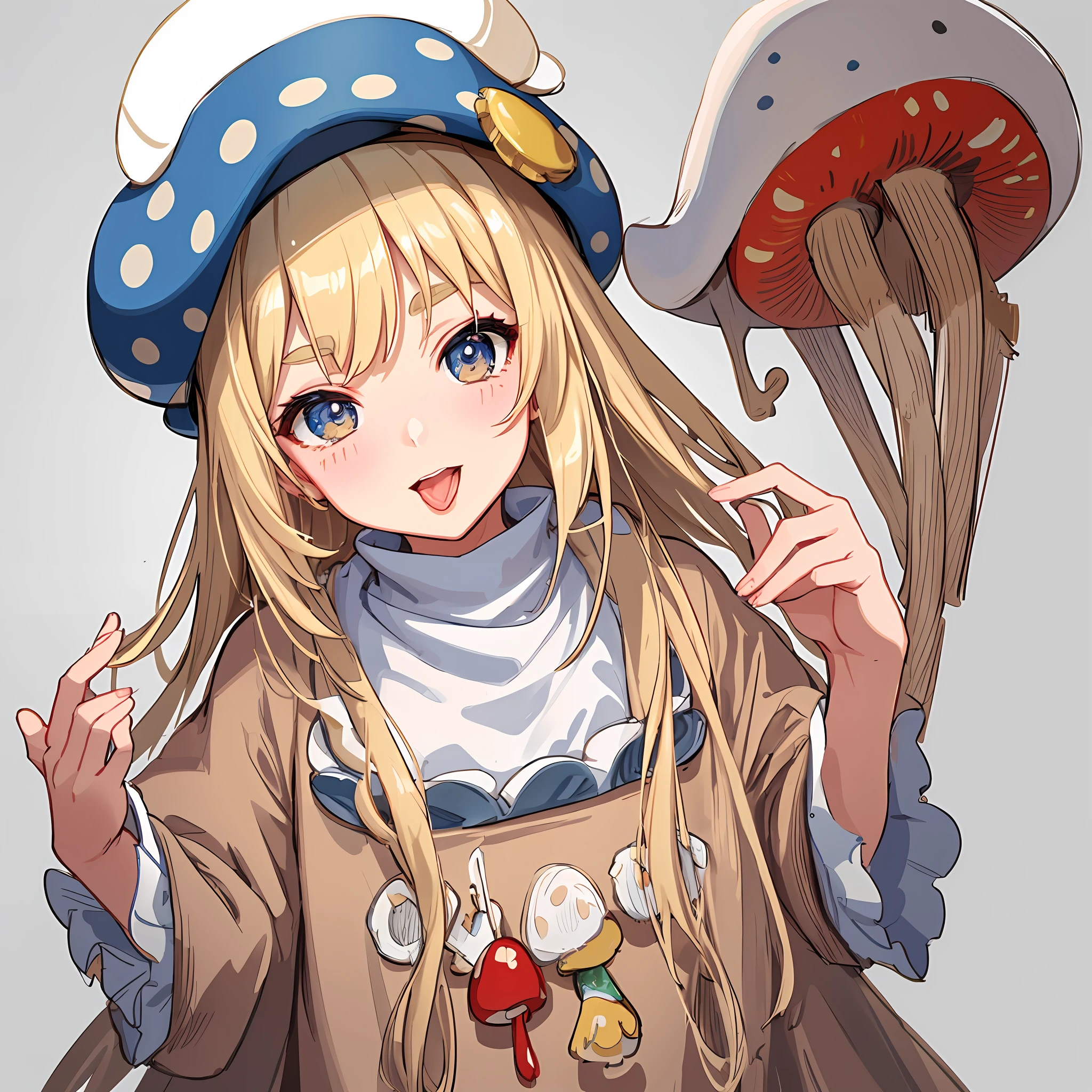 Face focus, tongue, mouth wide open, mouth focused, thick eyebrows, beautiful eyes, mushrooms growing from the head, having mushrooms on the head, mushroom hat, evil smile, beautiful blonde, ((masterpiece)), ((highest quality)), (super detailed), cute girl, one girl, solo, ((beautiful eyes)), anime girl, happy and cute face, beautiful detailed eyes clean and detailed face, five fingers, textile shading, perfect anatomy,