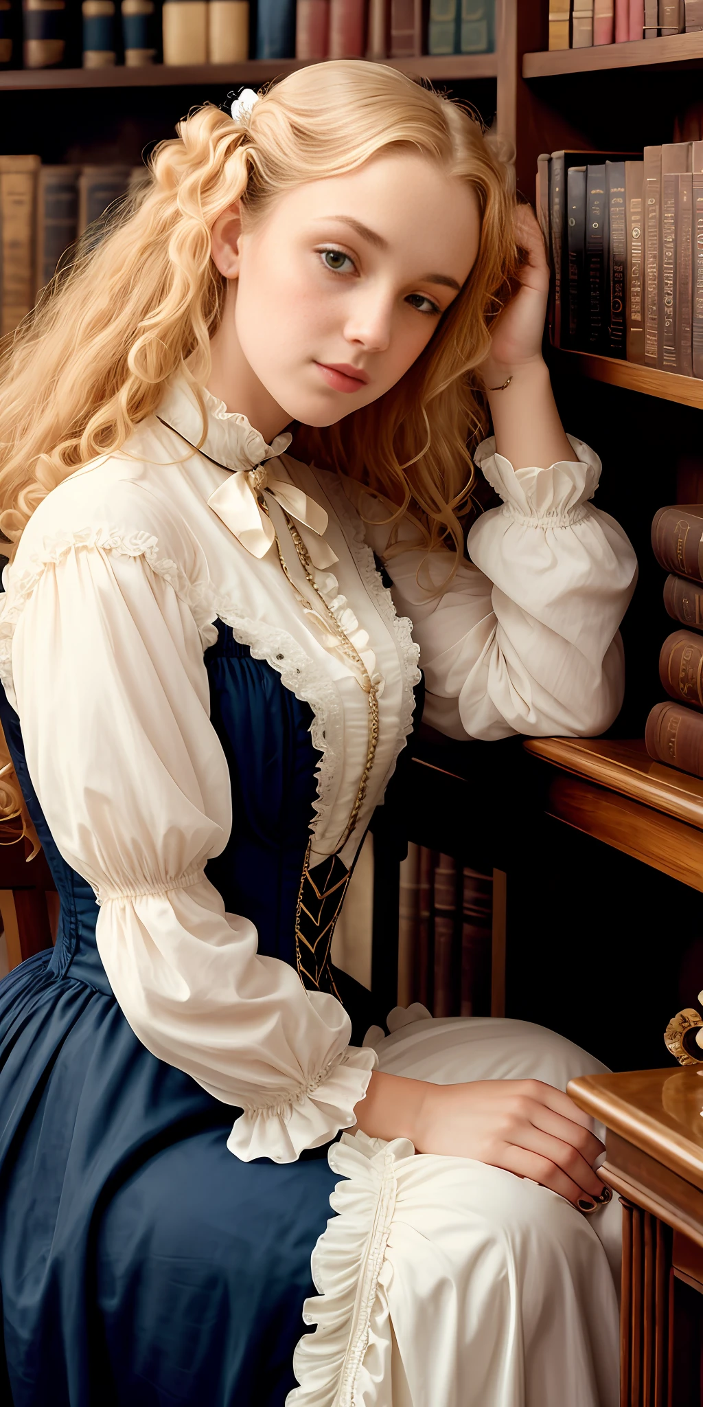 there is a beautiful and charming woman, blonde, curly hair, fleshy lips, wearing a Victorian-era dress, is sitting in front of a shelf, resting her head under her hand, while the other is under a desk, she has a tired look on her face, and behind her is a shelf of books.