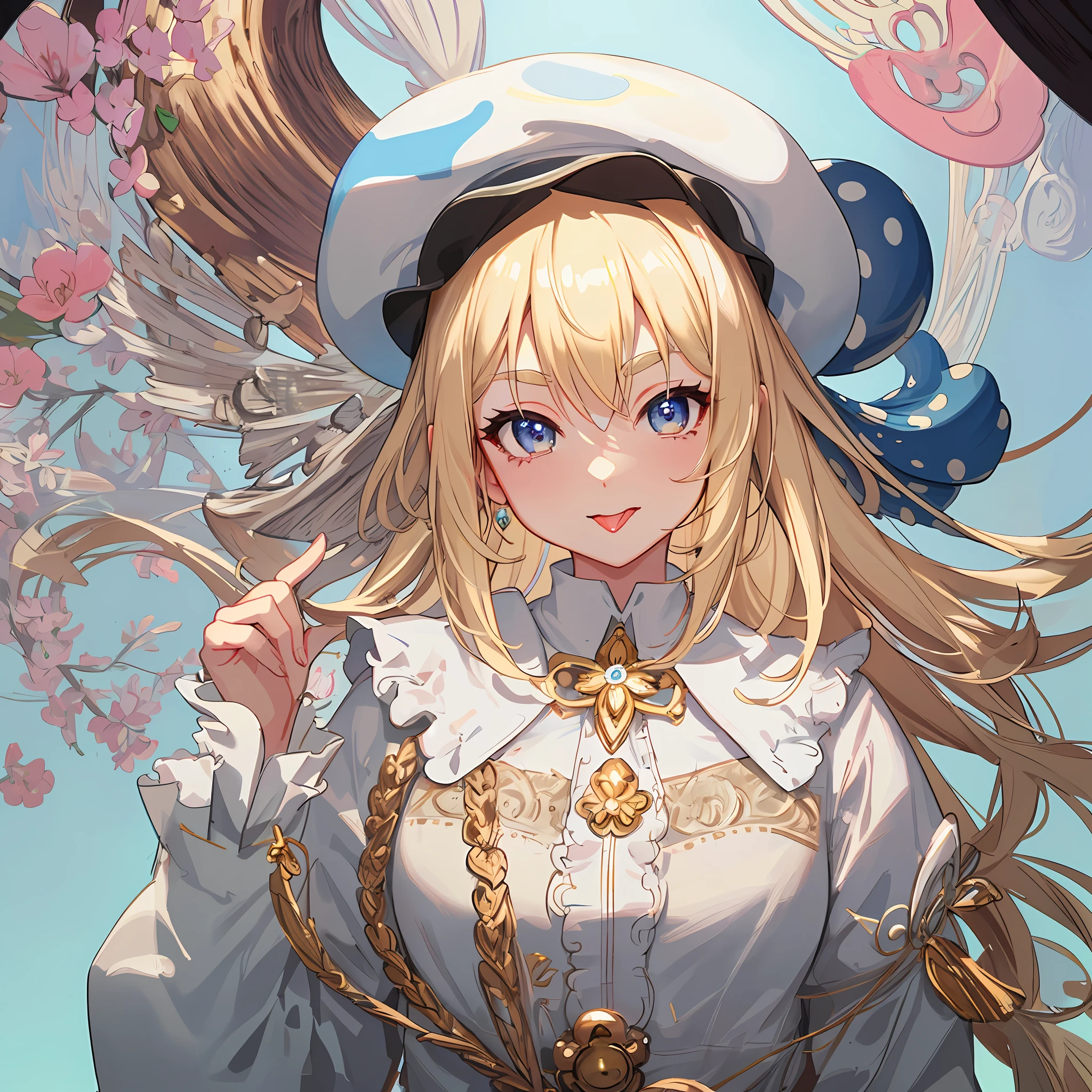 Face focus, tongue, mouth wide open, thick eyebrows, beautiful eyes, mushrooms growing from the head, mushrooms on the head, mushroom hat, evil smile, beautiful blonde, ((masterpiece)), ((highest quality)), (super detailed), cute girl, one girl, solo, (((beautiful eyes)), anime girl, happy and cute face, beautiful detailed eyes clean and detailed face, five fingers, textile shading, perfect anatomy,