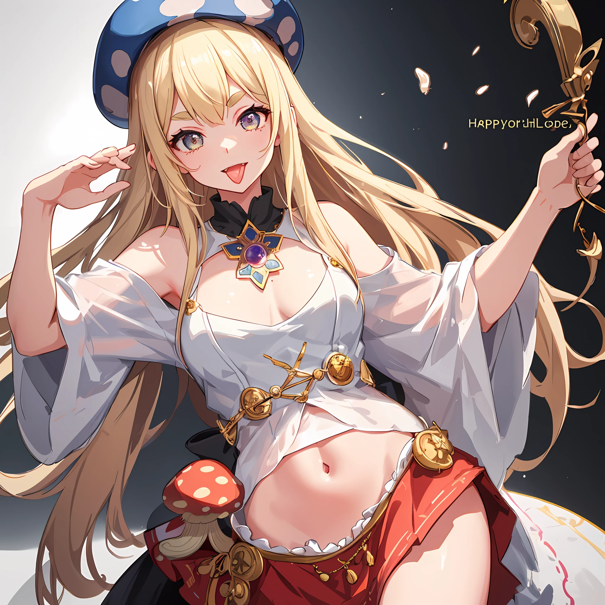 Face focus, tongue, mouth wide open, thick eyebrows, beautiful eyes, mushrooms growing from the head, mushrooms on the head, mushroom hat, evil smile, beautiful blonde, ((masterpiece)), ((highest quality)), (super detailed), cute girl, one girl, solo, (((beautiful eyes)), anime girl, happy and cute face, beautiful detailed eyes clean and detailed face, five fingers, textile shading, perfect anatomy,