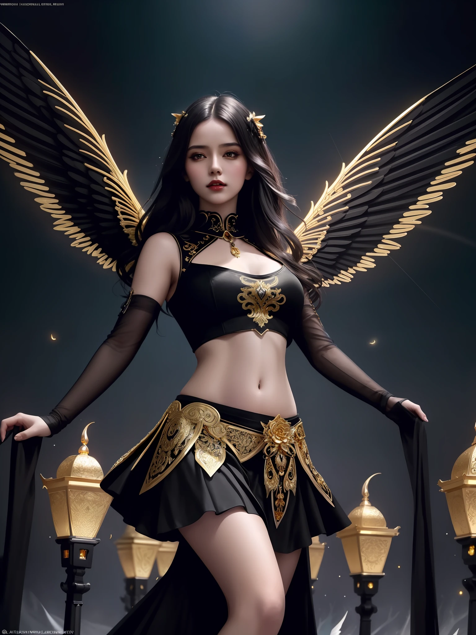 modelshoot style, the most beautiful artwork in the world featuring a (gothic angel cute woman in skirt:1.2), ((navel :1.5)),((black and gold dress:1.2)), cute pose infront of a gorgeous glowing (temple:1.2) full of fireflies flying around, large detailed wings, (dark force:1.3), 35mm lens, f/1.8, 8K, clear facial features, (cinematic action scene:1.2), accent lighting,good lighting on midriff, day time, global illuminatio, trending on ArtStation, trending on CGSociety, Intricate, High Detail, Sharp focus, (dramatic:1.1), photorealistic painting art by midjourney and greg rutkowski