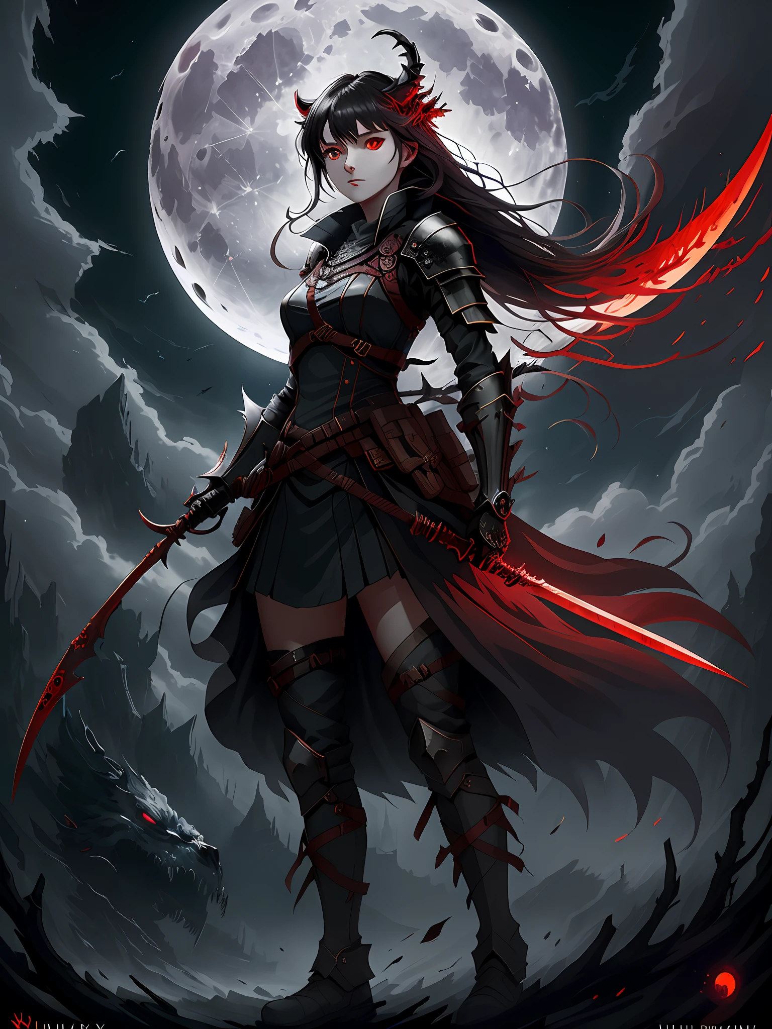 Best quality, ultra high resolution, (fidelity: 1.4), 1 female, on a dark and windy moonlit night, dead branch background, holding a death scythe, glowing eyes, red eyes, blood on the face, wearing skeleton armor, combat form