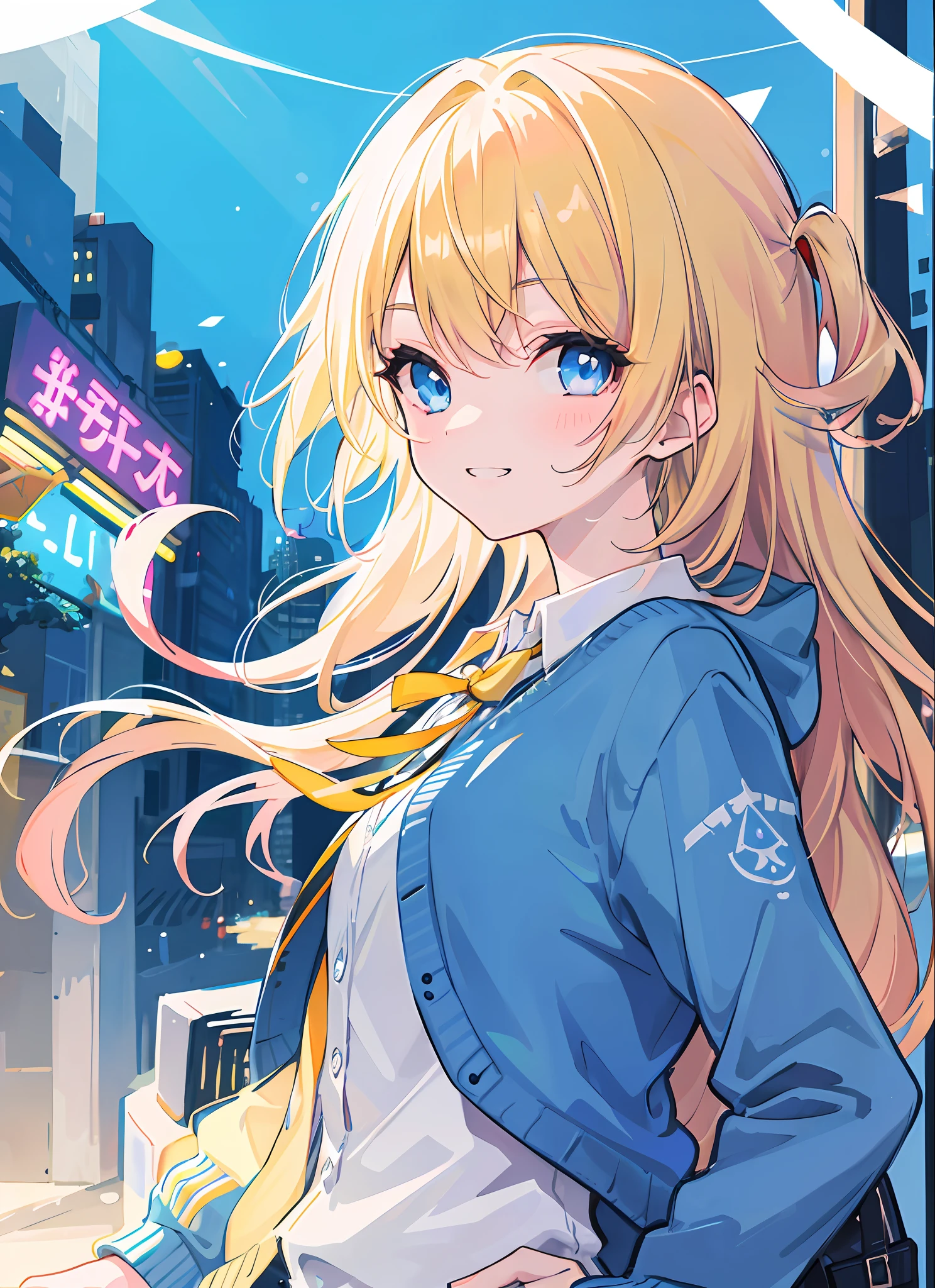 (Masterpiece), (Best Quality), 1 Girl, Upper Body, Brash, Grinning, Happy, Backlight, Rum Style, Colorful Hair, Neon Palette, Cardigan, Blonde, Beautiful, Blue Eyes.