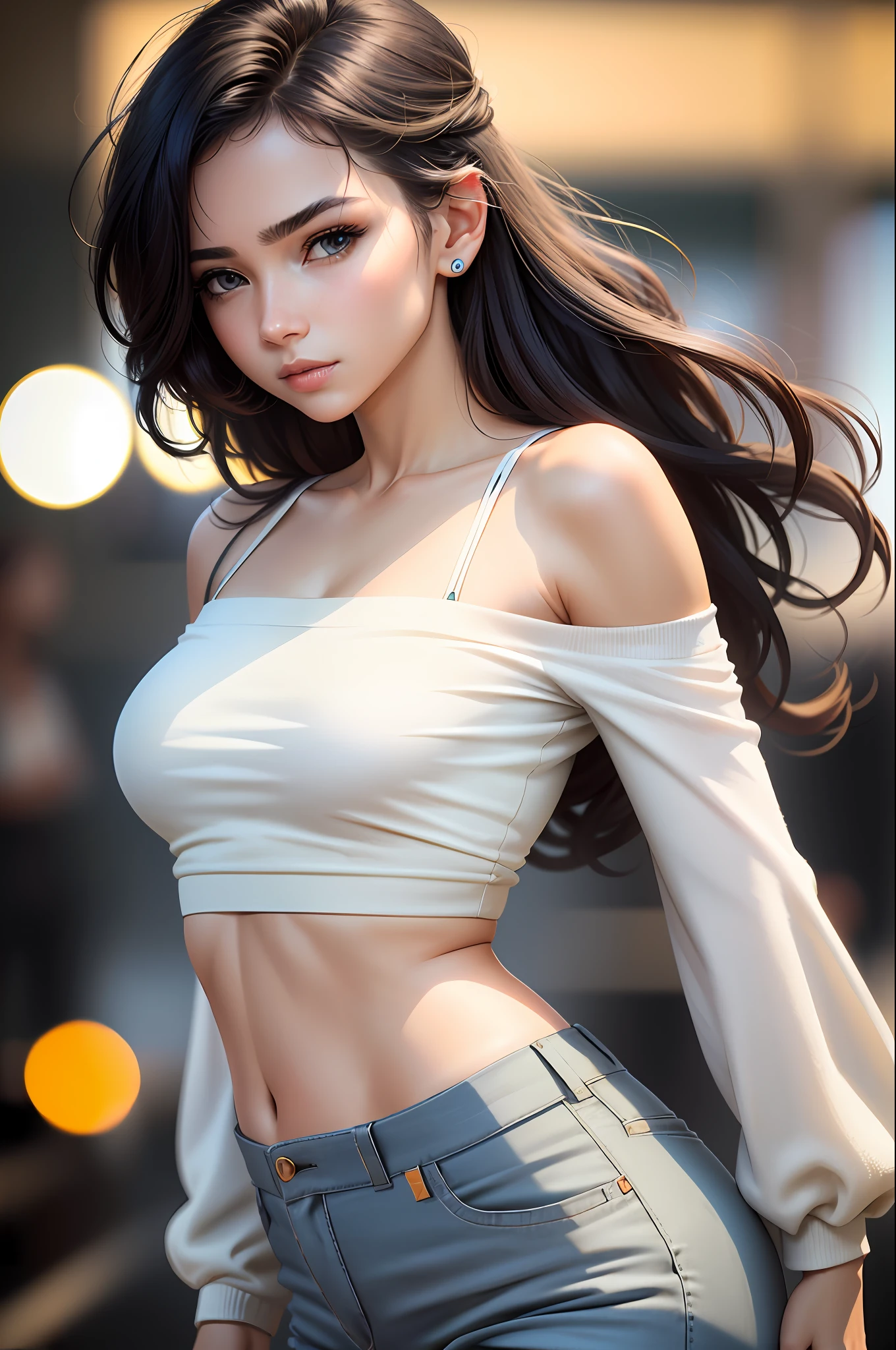((photography, photogenic)), woman, (detailed face, nose), side-scan hair, wearing ((high-waisted pants)) and (off-the-shoulder top)) (f1.8 short focus bokeh), focused eyes, studio white background,