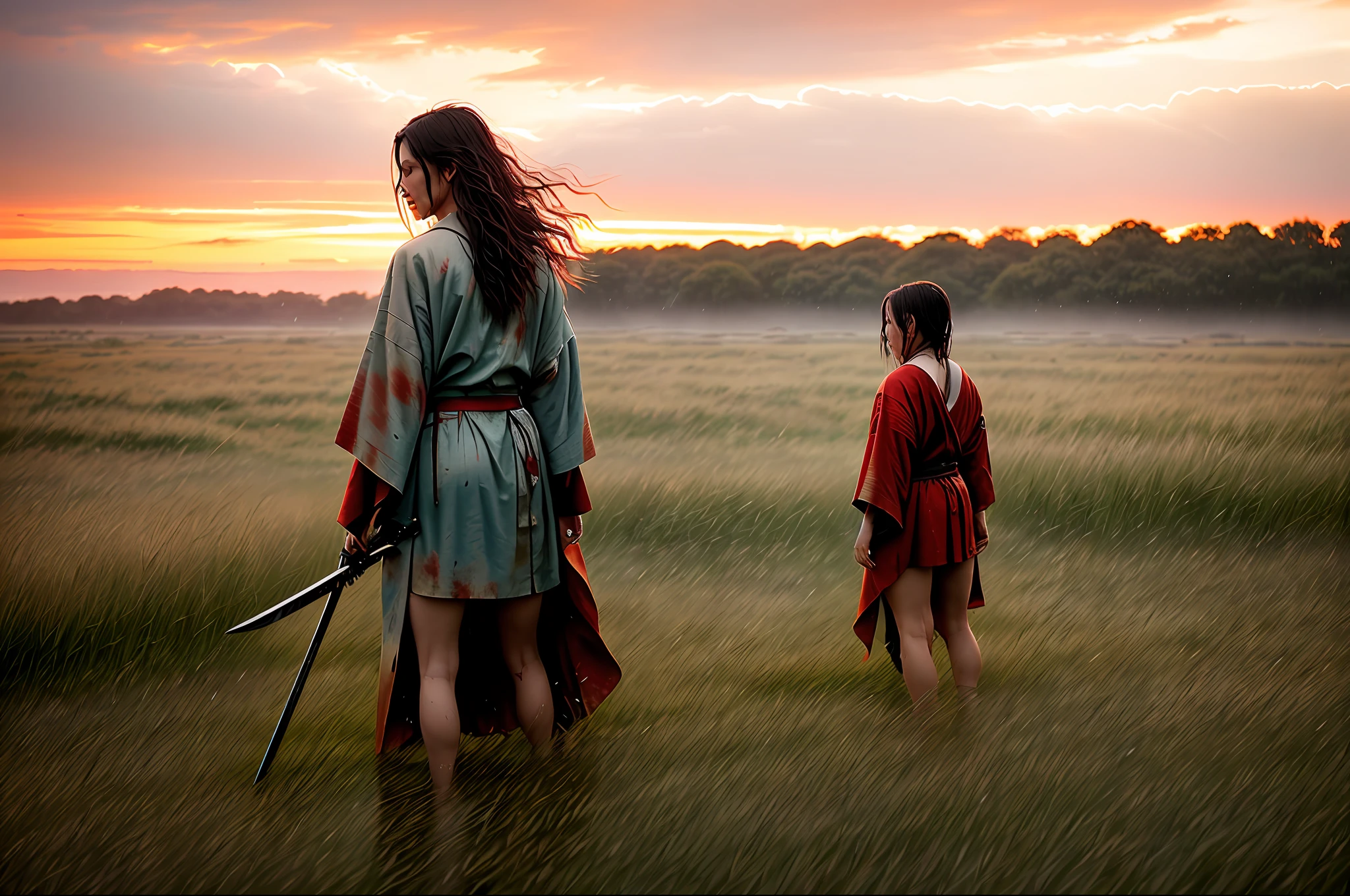 a lone female ronin in bloody torn robe dancing in the rain, bare feet, wet, from behind, (long sword), wavy (tall grass:1.2), sunset, [messy hair], full body, dramatic, backlit, volumetric lighting, (highly detailed:1.2), painting, bloom