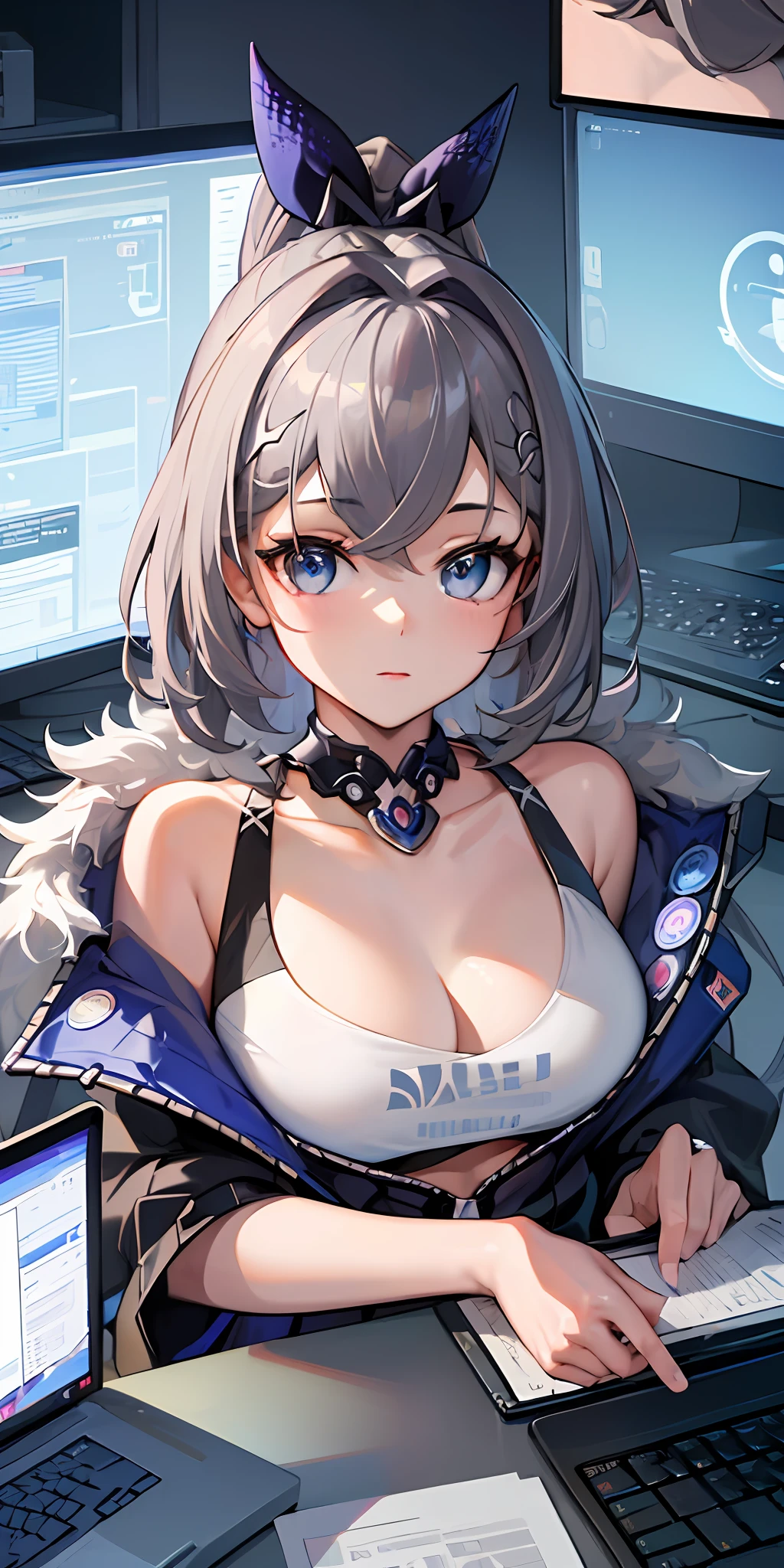 (((Masterpiece)), highest qualitysuper detailed, ultra-detailed, ultra-detailed, ultra-detailed, ultra-detailed,
beautiful eyes, beautiful hair, beautiful face, beautiful skin, gray hair, computer