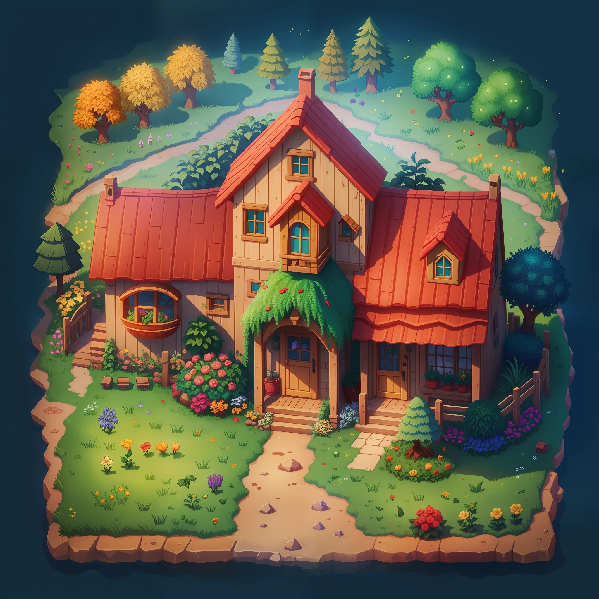 Stardew Valley style, brilliant colors, axonometry, house