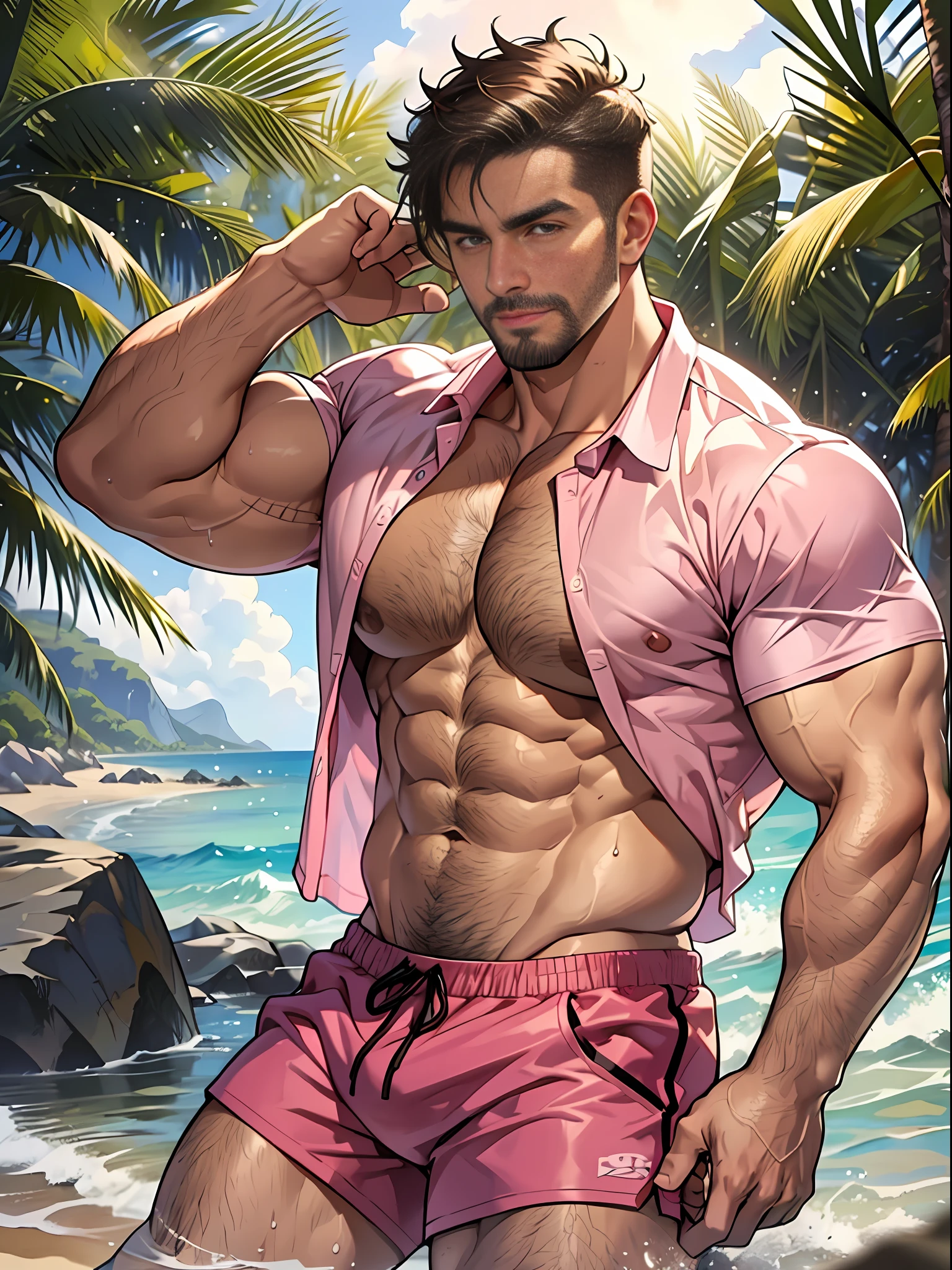 30 years old, male, white inch, stubble, huge muscles, mature man, muscle swelling, bodybuilding, pectoral muscles, abs, at the beach, wearing pink shirt, open shirt, pink sports shorts, natural light, wheat-colored skin, wet, a man