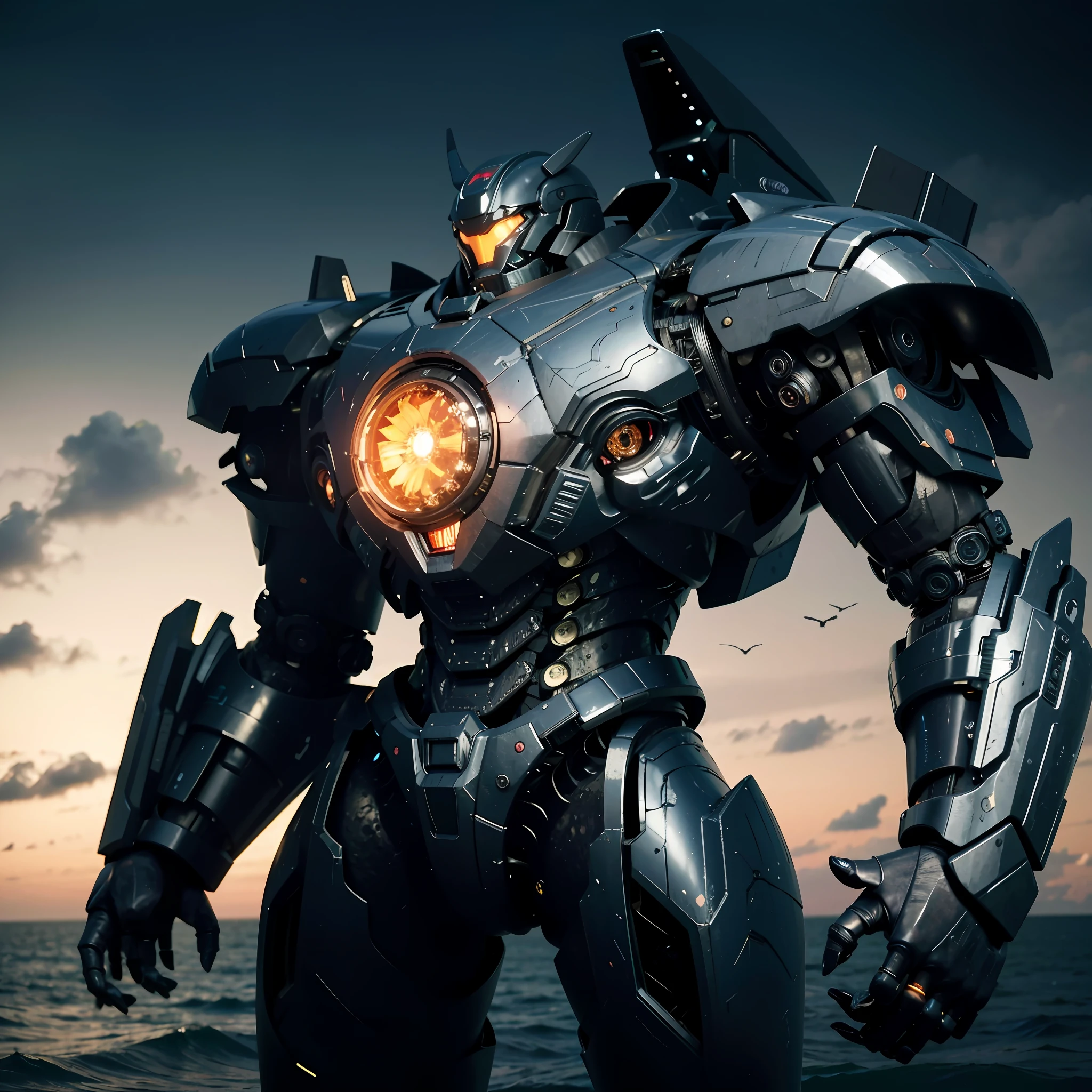 arafed robot standing in the ocean with a glowing eye, pacific rim jaeger, broken ruin pacific rim jaeger, from pacific rim, pacific-rim-mech in background, pacific rim, badass anime 8 k, cinematic 4 k wallpaper, cinematic 4k wallpaper, hq 4k wallpaper, hd wallpaper, movie pacific rim, movie still 8 k, wallpaper 4 k