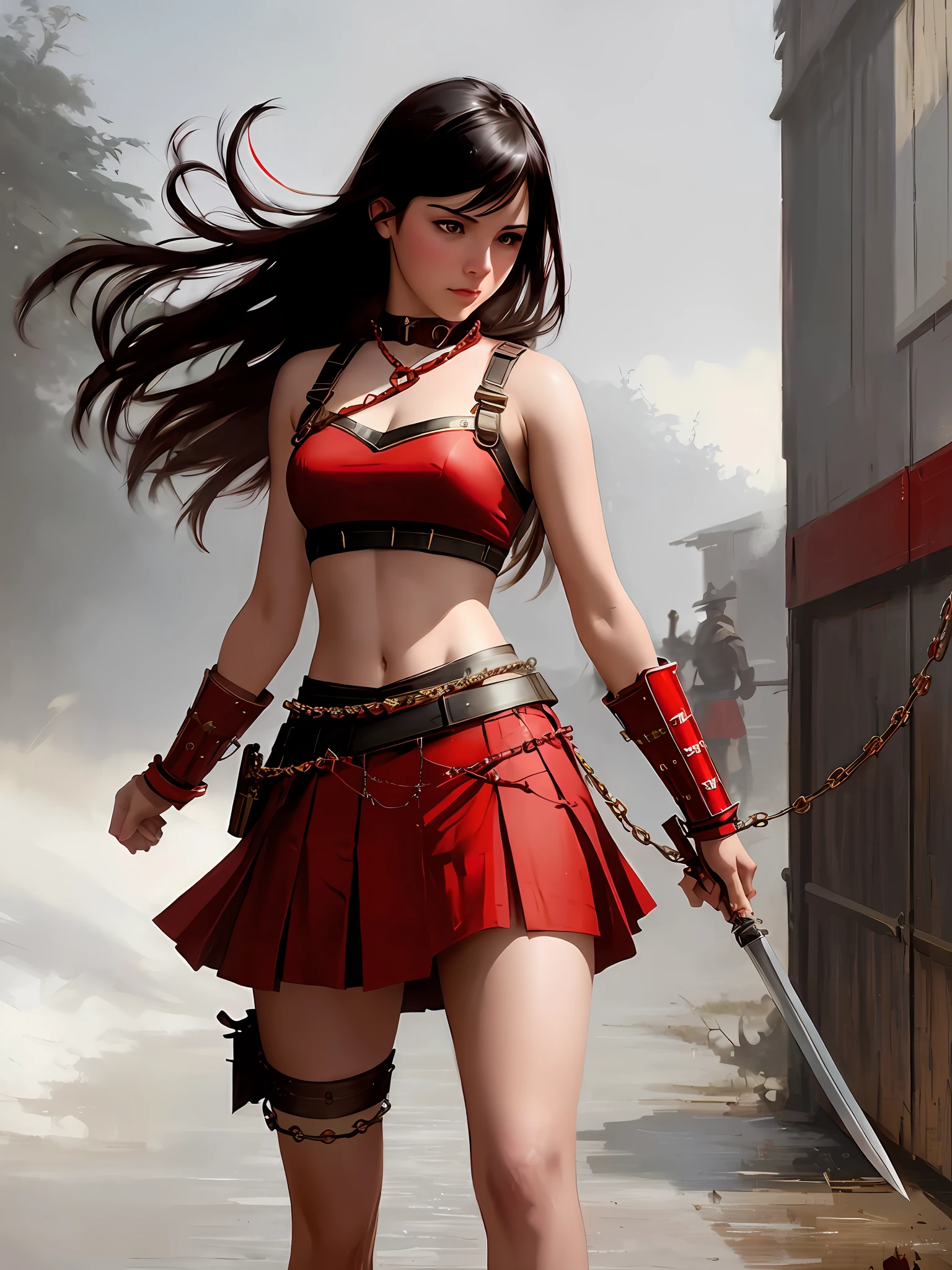 stunningly beautiful photo realistic cute warrior in skirt , using red chains, with red arms, Atey Ghailan, by Jeremy Mann, Greg Manchess, Antonio Moro, trending on ArtStation, trending on CGSociety, Intricate, High Detail, Sharp focus, dramatic, photorealistic painting art by midjourney and greg rutkowski
