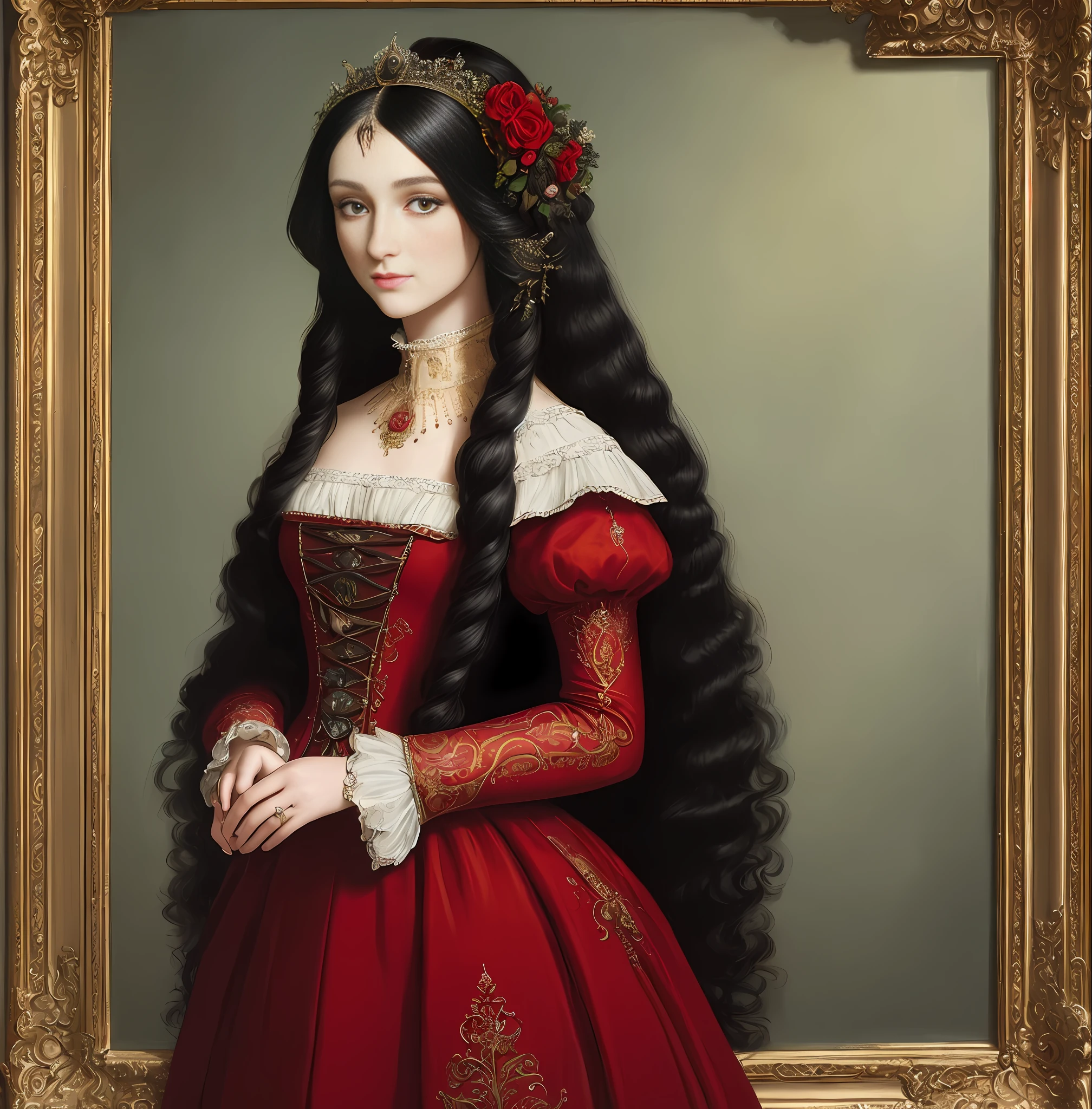 (masterpiece, best quality, extremely detailed, beautiful detailed eyes, ultra-detailed intricate details: 1.2), 8k wallpaper, elaborate features, (1girl 28 years old, solo: l European strokes, elegant, red dress 1.4), long black hair, hair with locks, looking for viewer, piercing eyes, rembrant oil painting