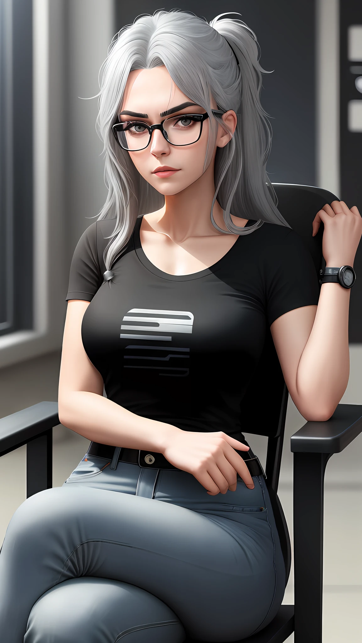 1girl , gray hair , nice body, big Brest , perfect body with black futuristic t-shirt and black jean shirt, glasses, sitting on the chair, attractive look ,cinematic shoot, hyper realistic, 8k