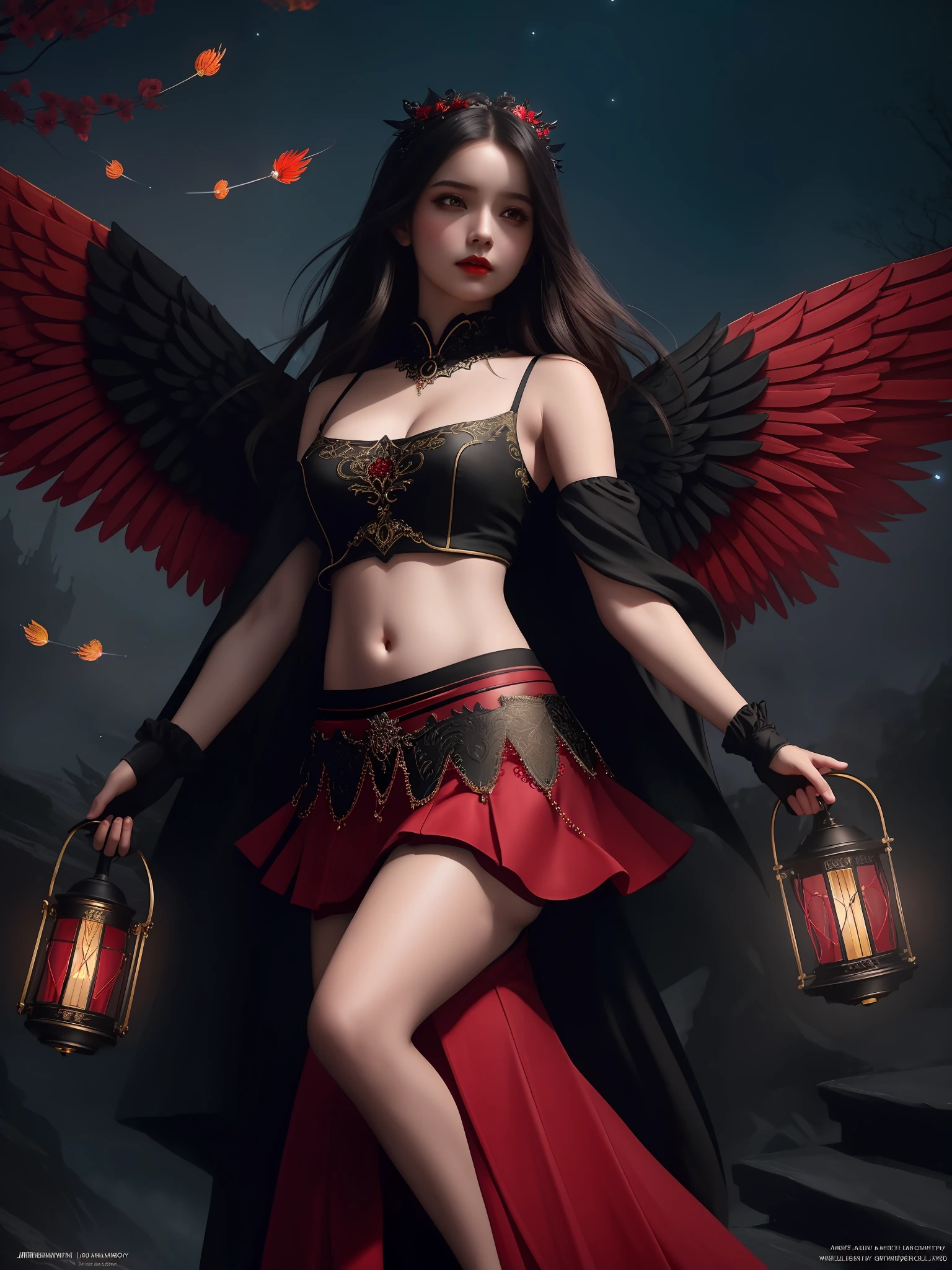 modelshoot style, the most beautiful artwork in the world featuring a (gothic angel cute woman in skirt:1.2), ((navel :1.5)), (( red and black dress:1.2)) cute pose infront of a gorgeous glowing (temple:1.2) full of fireflies flying around, large detailed wings, (dark force:1.3), 35mm lens, f/1.8, 8K, clear facial features, (cinematic action scene:1.2), accent lighting,good lighting on midriff, global illuminatio, trending on ArtStation, trending on CGSociety, Intricate, High Detail, Sharp focus, (dramatic:1.1), photorealistic painting art by midjourney and greg rutkowski