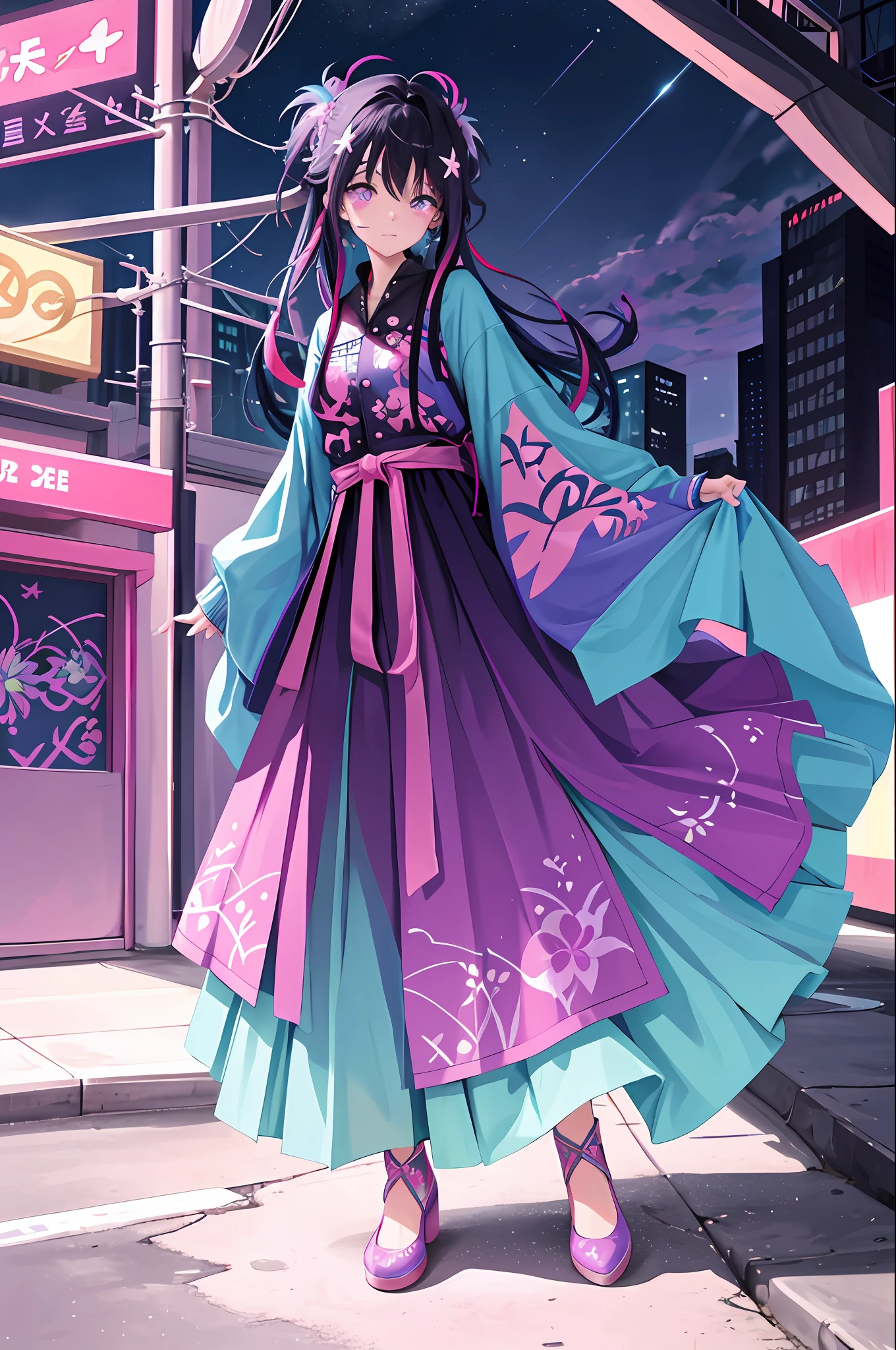 extremely beautiful girl, pose fofa, ticc tighs, skirt, pink neon shoes, pantyhose, absurdly long hair, multicolored hair, purple hair, blue hair, hair ornaments, surprise expression, glowing eyes, wonderful eyes, downtown, urban, graffiti, artistic, vibrant, neon lights, high angle shot, modern, futuristic, youthful, edgy, anime influence, mixed media, digital painting, flutuando no céu, personality, confident, clouds, bright stars, expressive eyes, unique fashion sense, creative, energetic.