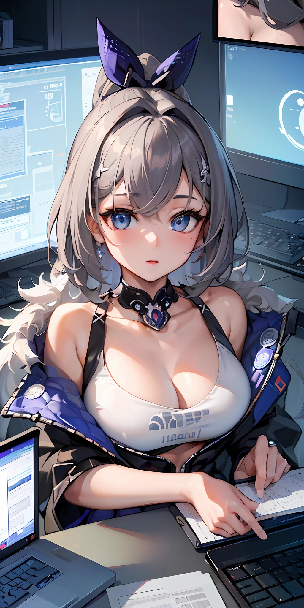 (((Masterpiece)), highest qualitysuper detailed, ultra-detailed, ultra-detailed, ultra-detailed, ultra-detailed,
beautiful eyes, beautiful hair, beautiful face, beautiful skin, gray hair, computer, cười