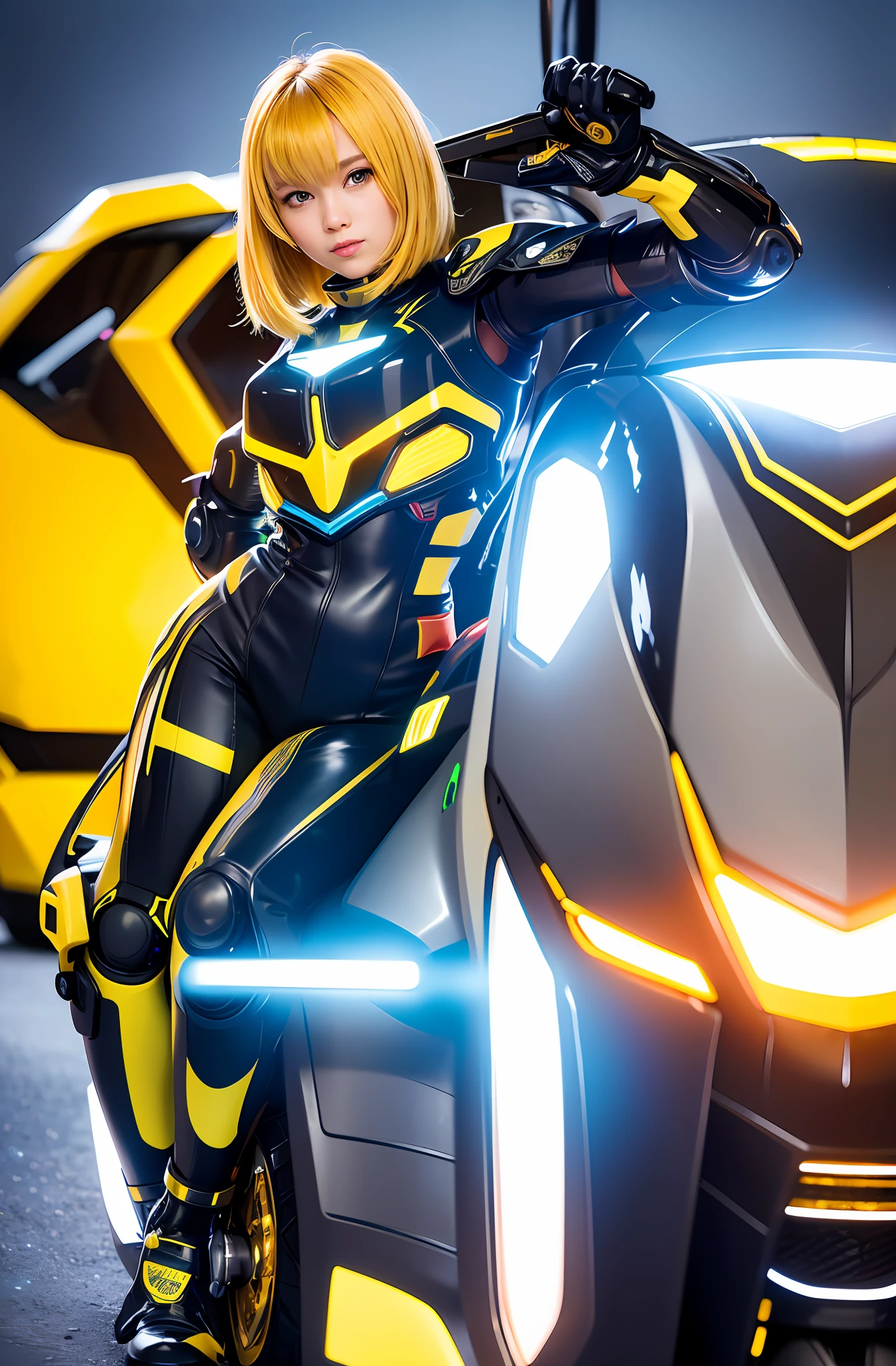 Cute cyborg girl wearing mecha and yellow bumblebee armor, light and dynamic, driving a yellow hornet motorcycle, armor shiny and reflective, background accompanied by the application of neon lights, colorful colors and light and shadow, full of three-dimensionality.