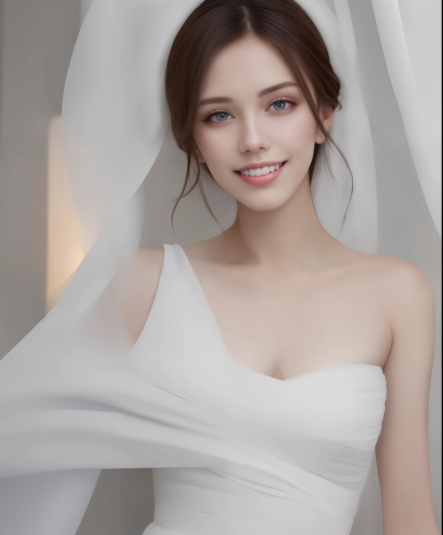 Fashion model 25 years old [[[[close-up]]], [[[[chest]]]], [[[[neck]]], [shoulders]]]]], Perfect eyes, Perfect iris, Perfect lips, Perfect teeth, Perfect skin, Soft front light, Glow, HDR, (Soft color: 1.2)
