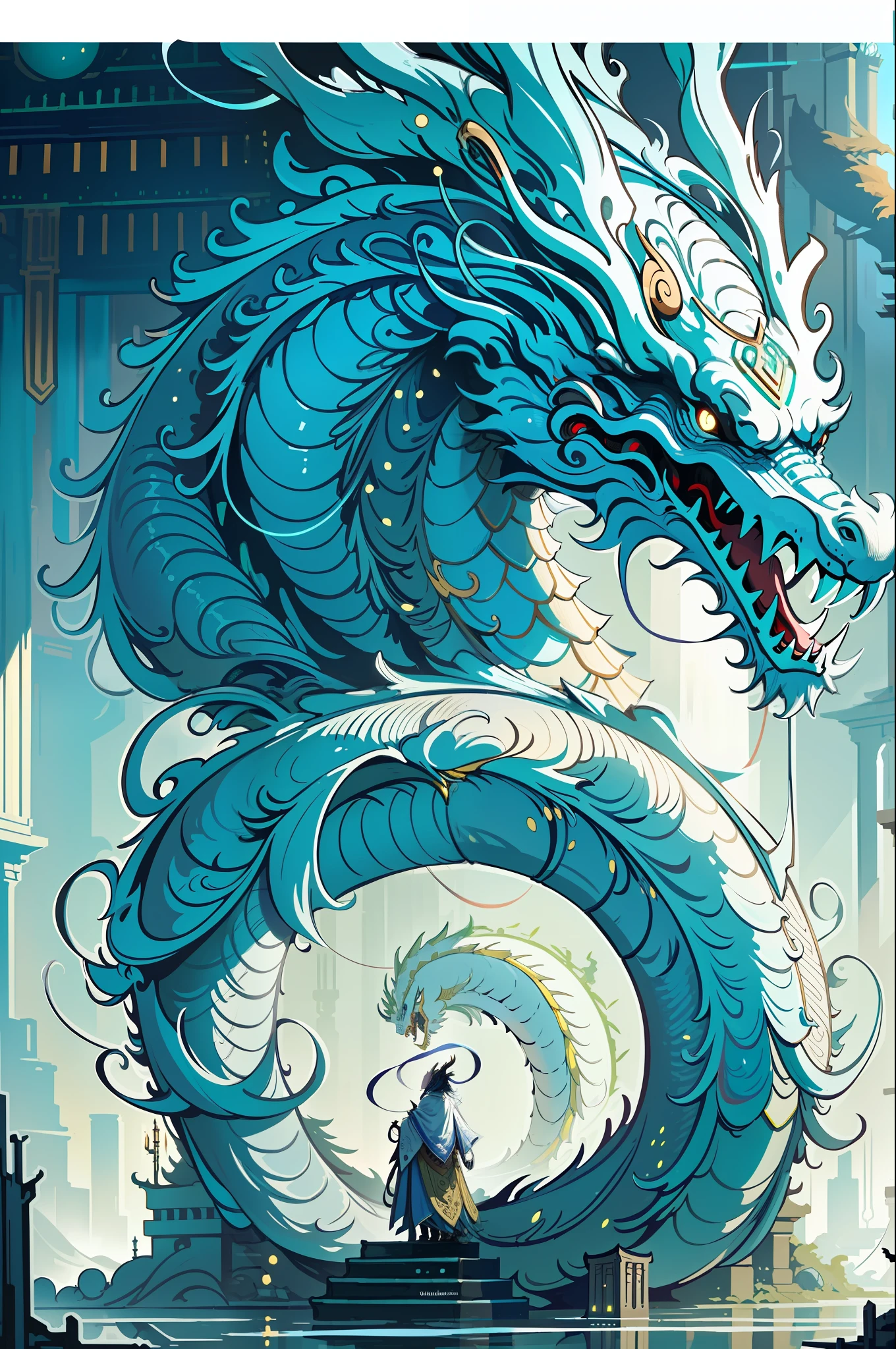 (masterpiece, best_quality, ultra-detailed, immaculate:1.3), epic, illustration, (long:1.2), eastern dragon, "the Dystopian Temple, Luminescent"