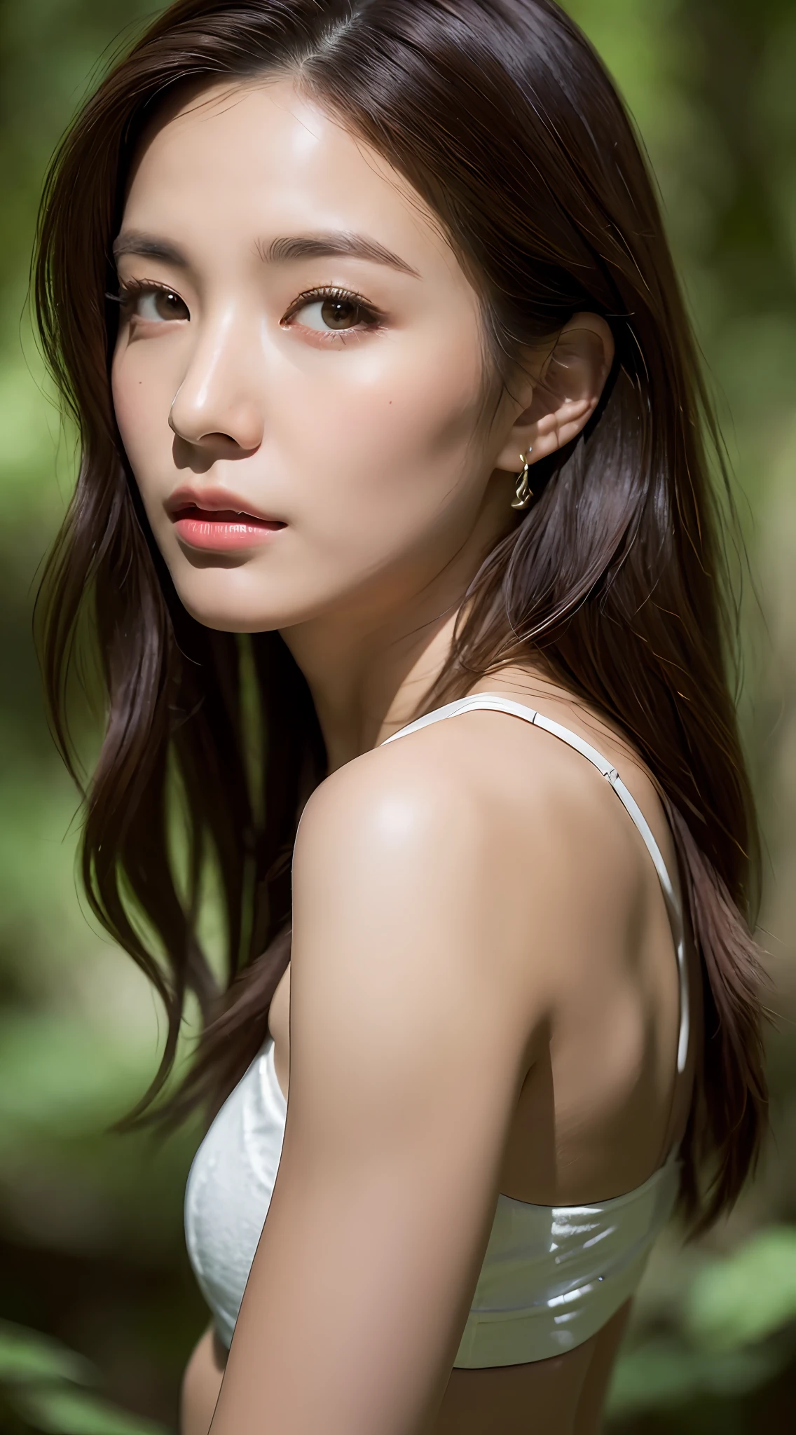 (Top Quality, 8k, Masterpiece: 1.3)), Sharp Focus: 1.2, Beautiful Women with Perfect Style: 1.4, Slender Abs: 1.5, ((Dark Brown Hair, Big: 1.2)), (Professional Lighting, In the Woods: 1.1), Highly Detailed Face and Skin Texture, Detailed Eyes, Double Eyelids