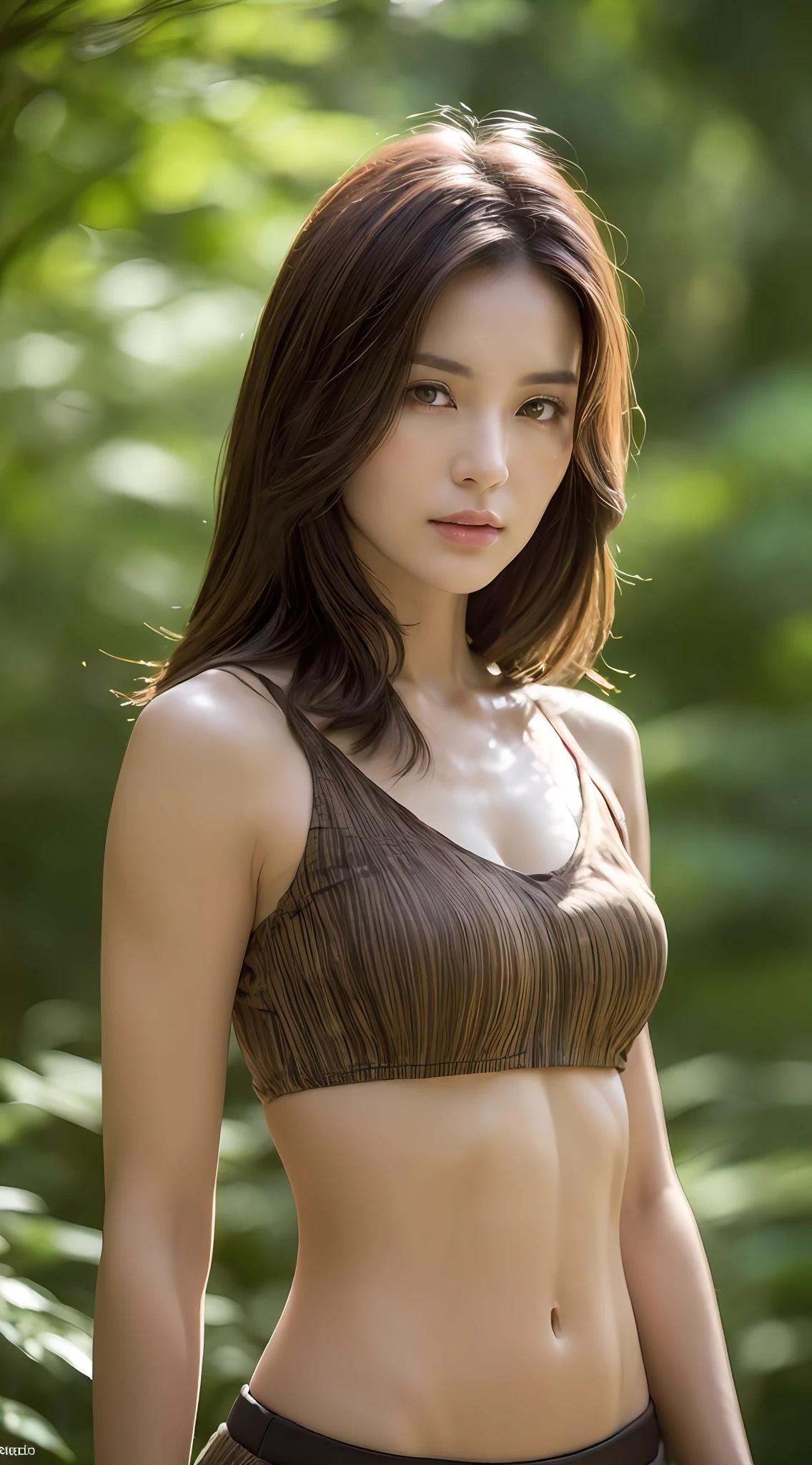 (Top Quality, 8k, Masterpiece: 1.3)), Sharp Focus: 1.2, Beautiful Women with Perfect Style: 1.4, Slender Abs: 1.5, ((Dark Brown Hair, Big: 1.2)), (Professional Lighting, In the Woods: 1.1), Highly Detailed Face and Skin Texture, Detailed Eyes, Double Eyelids