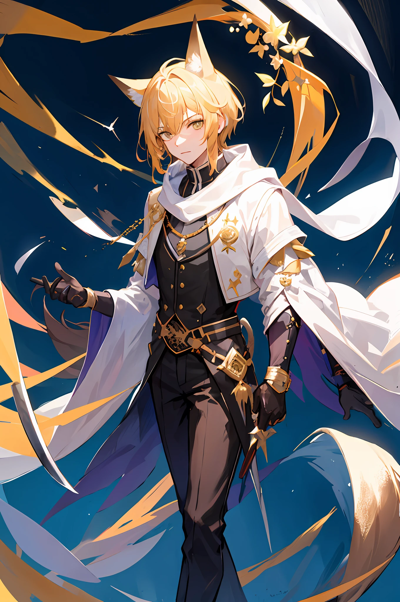 A handsome boy, close-up of a man holding a sword and a sword, blonde hair, a yellow triangle scarf around his neck, a black shawl with gold accents, furry fox ears (especially large), inspired by Yang Jin, a moon-themed costume, blue-gold pupils, a full portrait of a skinny man fantasy alchemist, an elemental, full body accessible