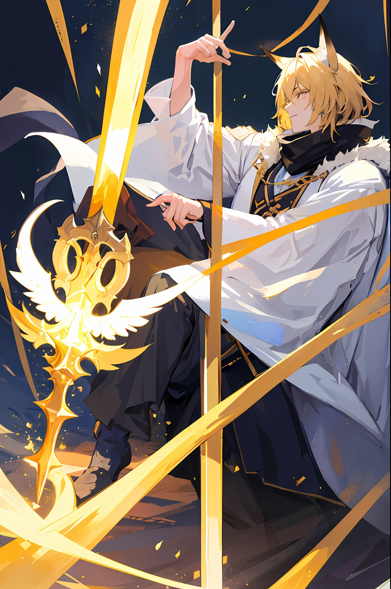 A handsome boy, close-up of a man holding a sword and a sword, blonde hair, a yellow triangle scarf around his neck, a black shawl with gold accents, furry fox ears (especially large), inspired by Yang Jin, a moon-themed costume, blue-gold pupils, a full portrait of a skinny man fantasy alchemist, an elemental, full body accessible