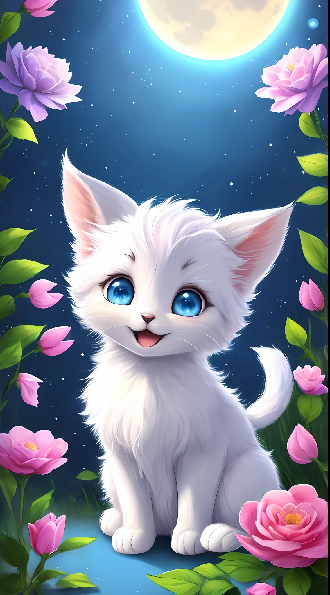 A kitten with a tiny tail, a small nose, small ears, blue eyes, pink background, flowers, vases, dreams, open mouth, smile, Caroline Chariot-Dayez pastels, tumblr, furry art, elokitty, Disney's Bambi cat, Disney's stylized furry, ears floating, fluffy tail, fluffy '', fluffy !!!, high resolution, furry art!!! The moon, small in size