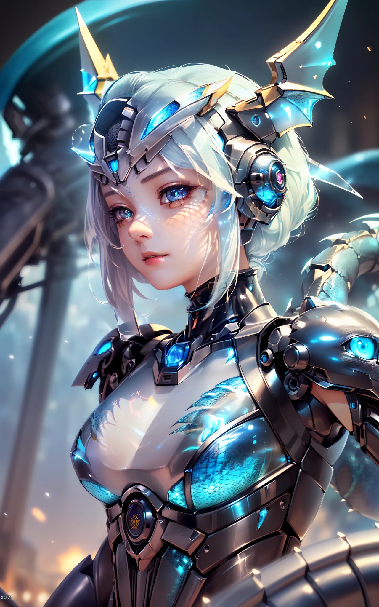 ((((cute girl's face, smooth and delicate face, mechanical body))), cyberpunk's dragon mecha, clear facial details, ((dragon texture)), transparent helmet, bright eyes, space background, detail depiction, master level, mecha reflective, high-level rendering, sharp, mecha and body integrated, clear bones, blood flow, delicate facial features, colorful transparent infusion hose, ((masterpiece)), illustrations, The best quality, very detailed CG unified 8k wallpaper, a very exquisite and beautiful, game_ Cg, panoramic, all around, running, movie lighting, surreal realism, (blue dragon scales, clear dragon scales), (realistic style), solo, ultra detail, (telephoto lens)