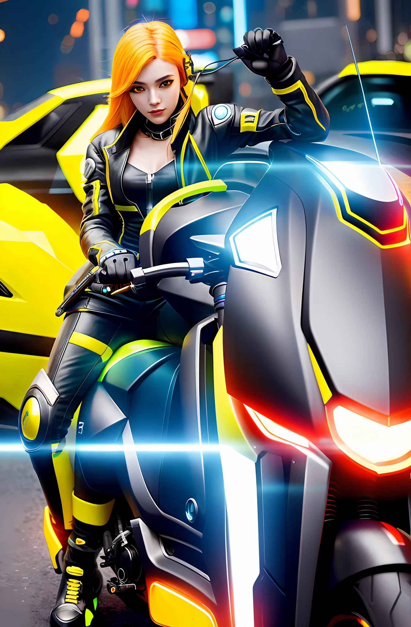 Ride on a cyberpunk motorcycle and embark on the road to the future with League of Legends Senna and Overwatch characters, wearing cool cybersuits, roaming the cyberuniverse-style world, black armor with yellow accents, Android heroines accompanying you, futuristic graphics.